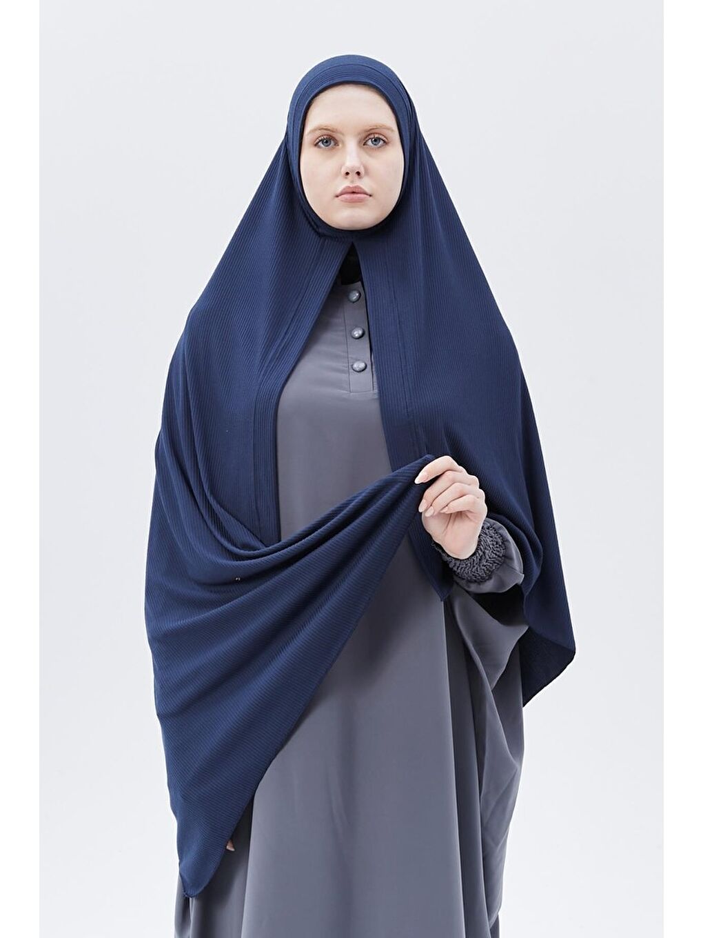 Lacivert Hazır Pratik Geçmeli Lüks Organik Çizgili Kaşkorse Şal Çapraz Hizalı-2