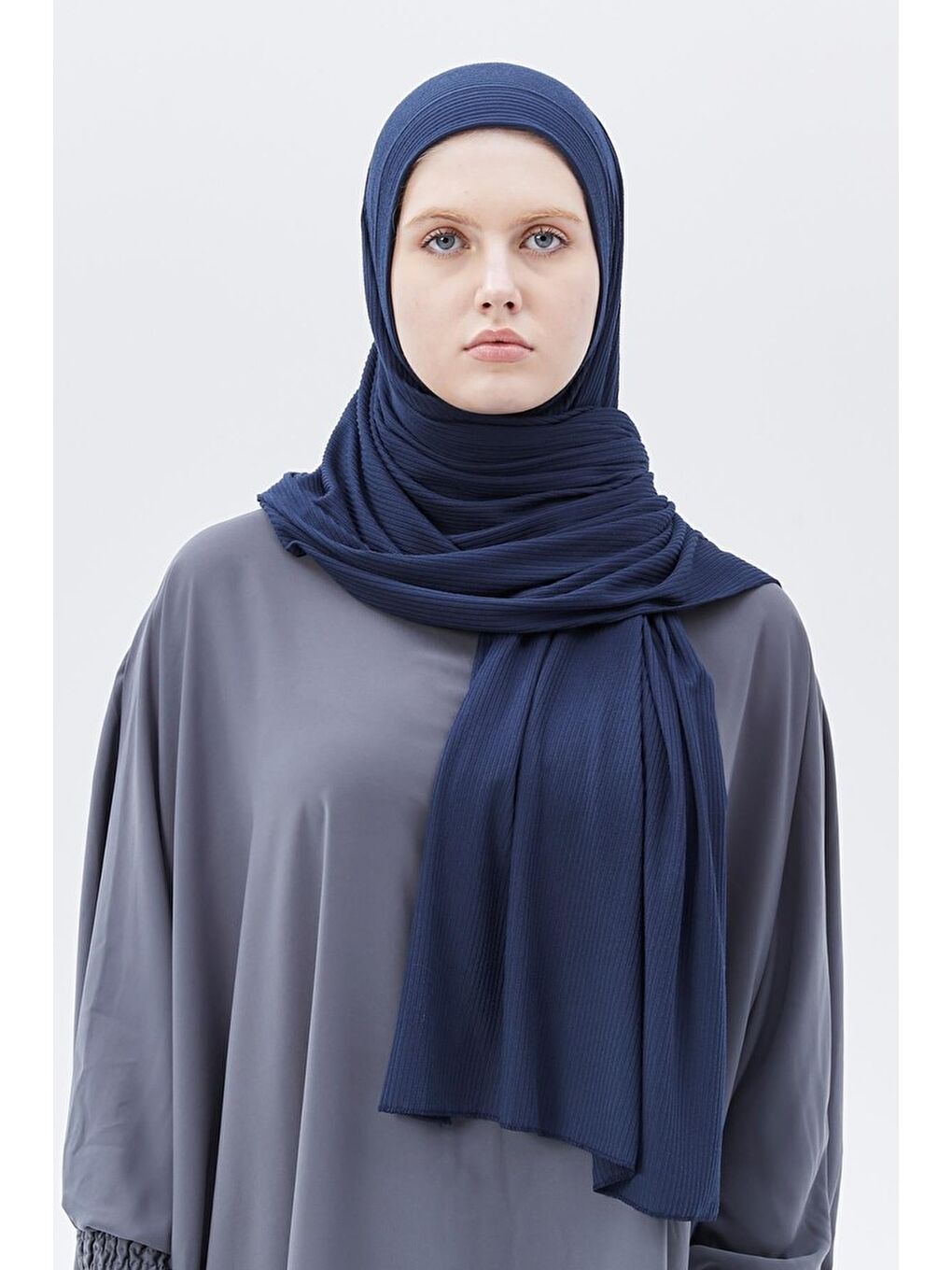 Lacivert Hazır Pratik Geçmeli Lüks Organik Çizgili Kaşkorse Şal Çapraz Hizalı-3