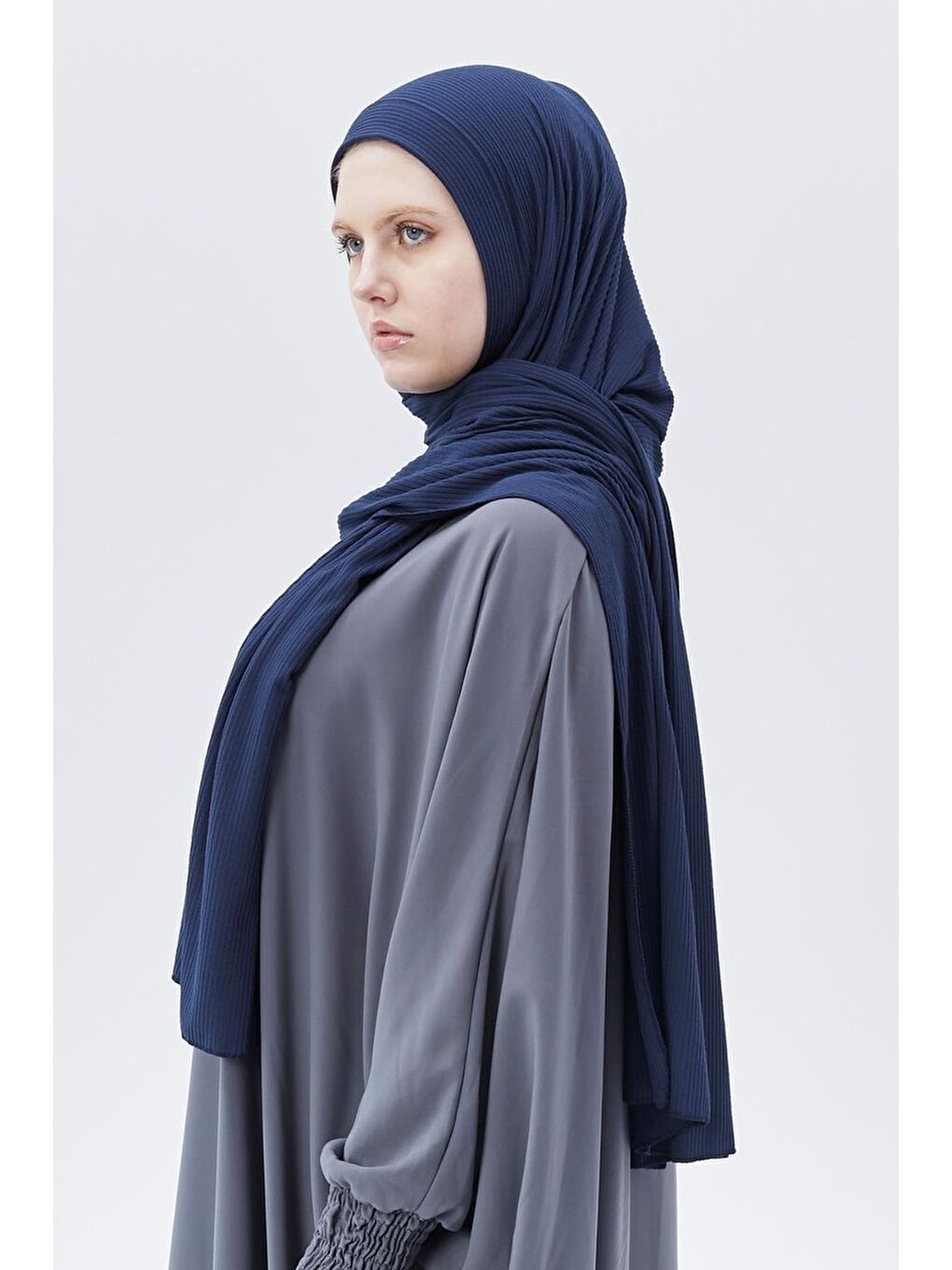 Lacivert Hazır Pratik Geçmeli Lüks Organik Çizgili Kaşkorse Şal Çapraz Hizalı-4