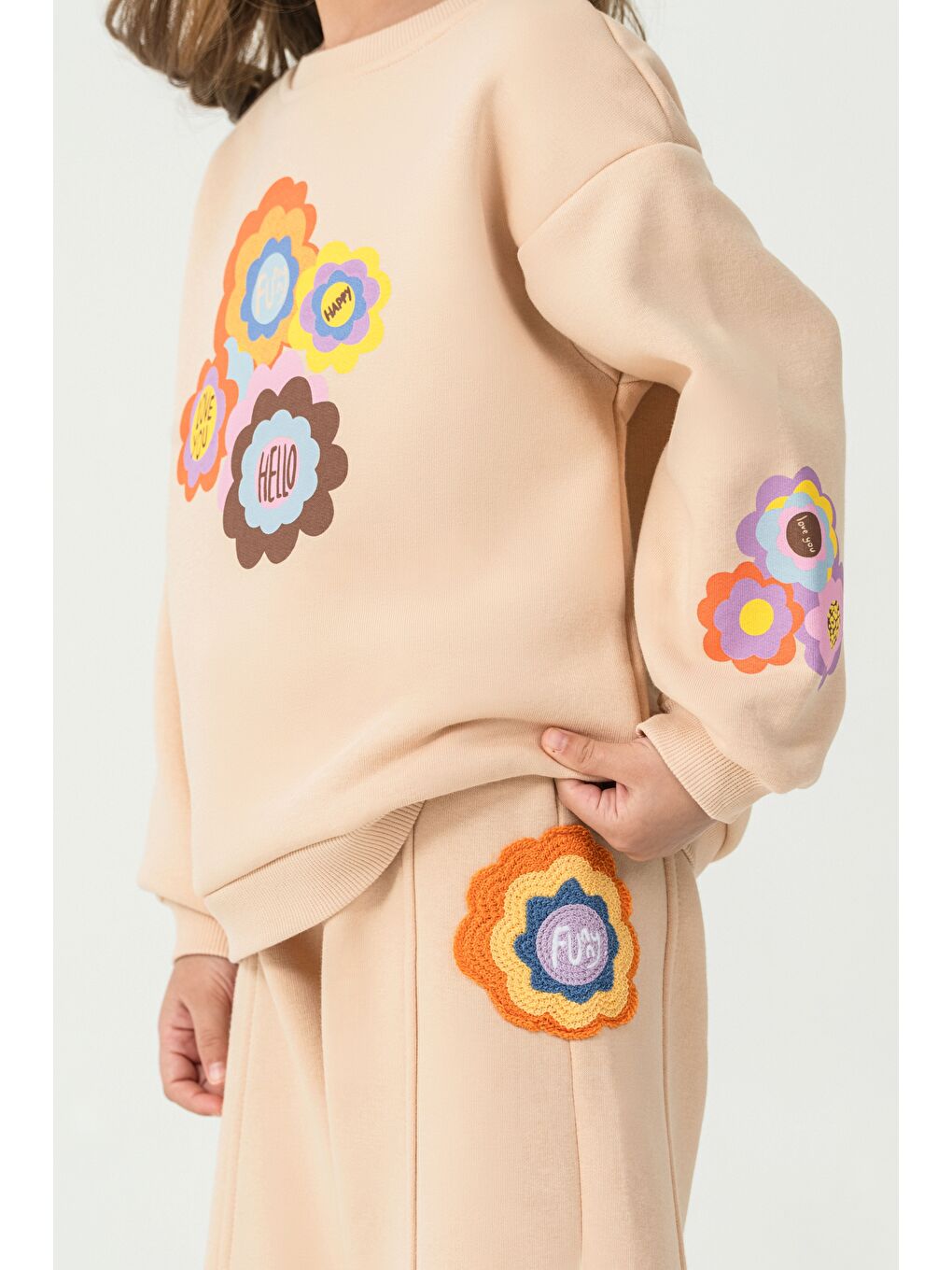 Ekru Kız Çocuk 3 İplik Kumaş İspanyol Paça Eşofman Takımı-5