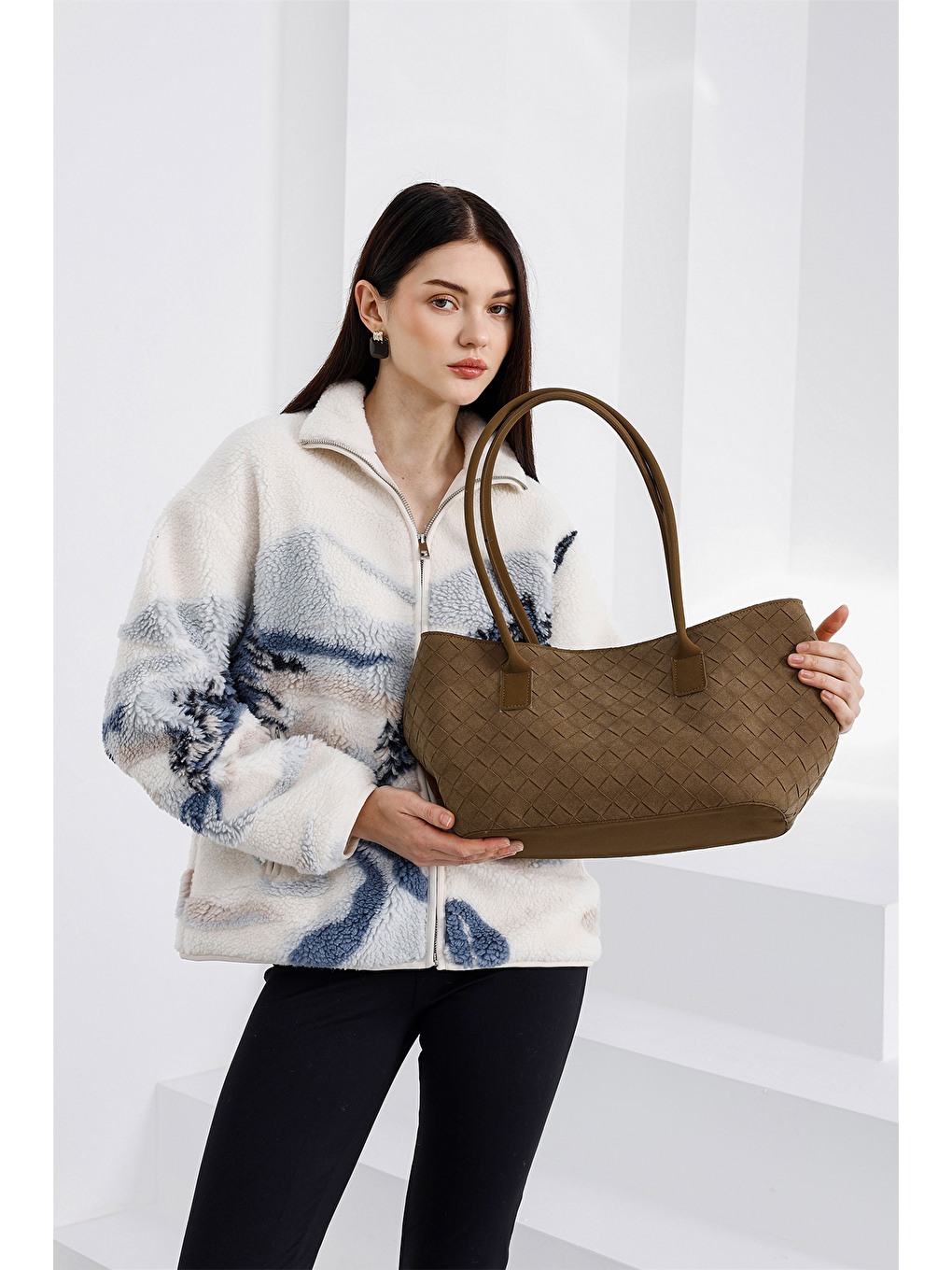 Kahverengi Veneta Süet Shopper Omuz Çantası Taba-4