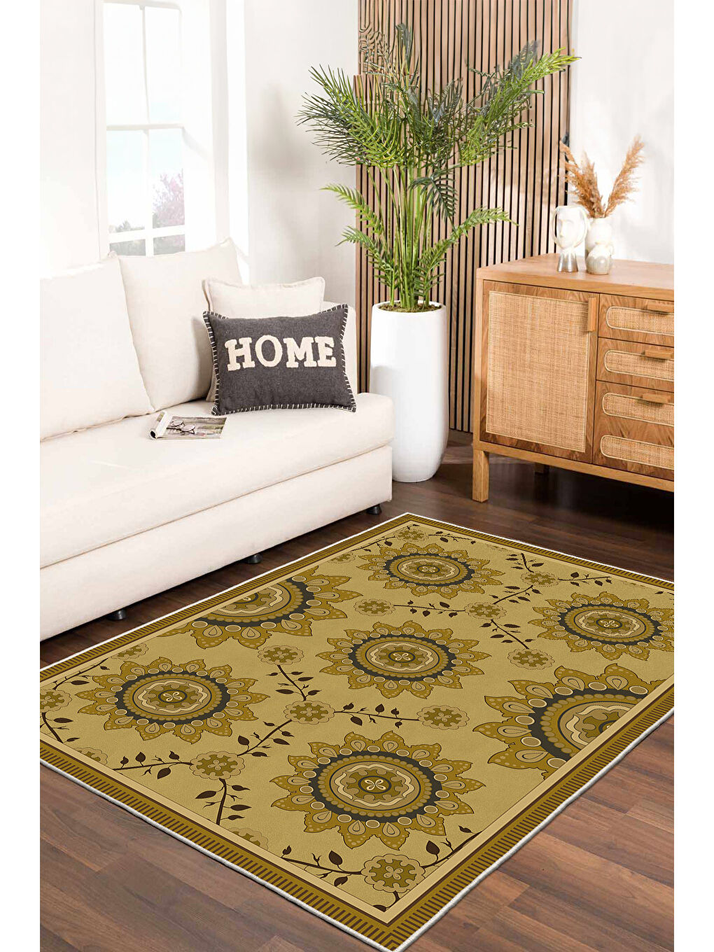 Sarı Dekoratif Özel Tasarım Yıkanabilir İnce Kaymaz Tabanlı Modern Halı KECE FR48-1