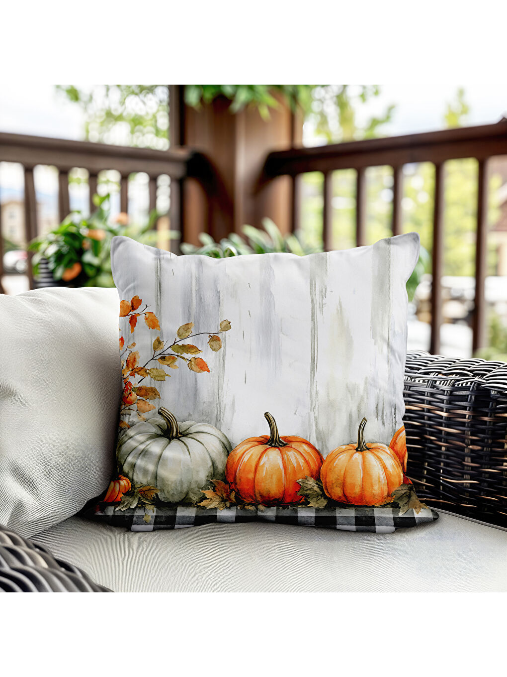 Karışık Çift Taraf Baskılı Kadife Doku Sonbahar Ve Kabak Desenli Kırlent Kılıfı