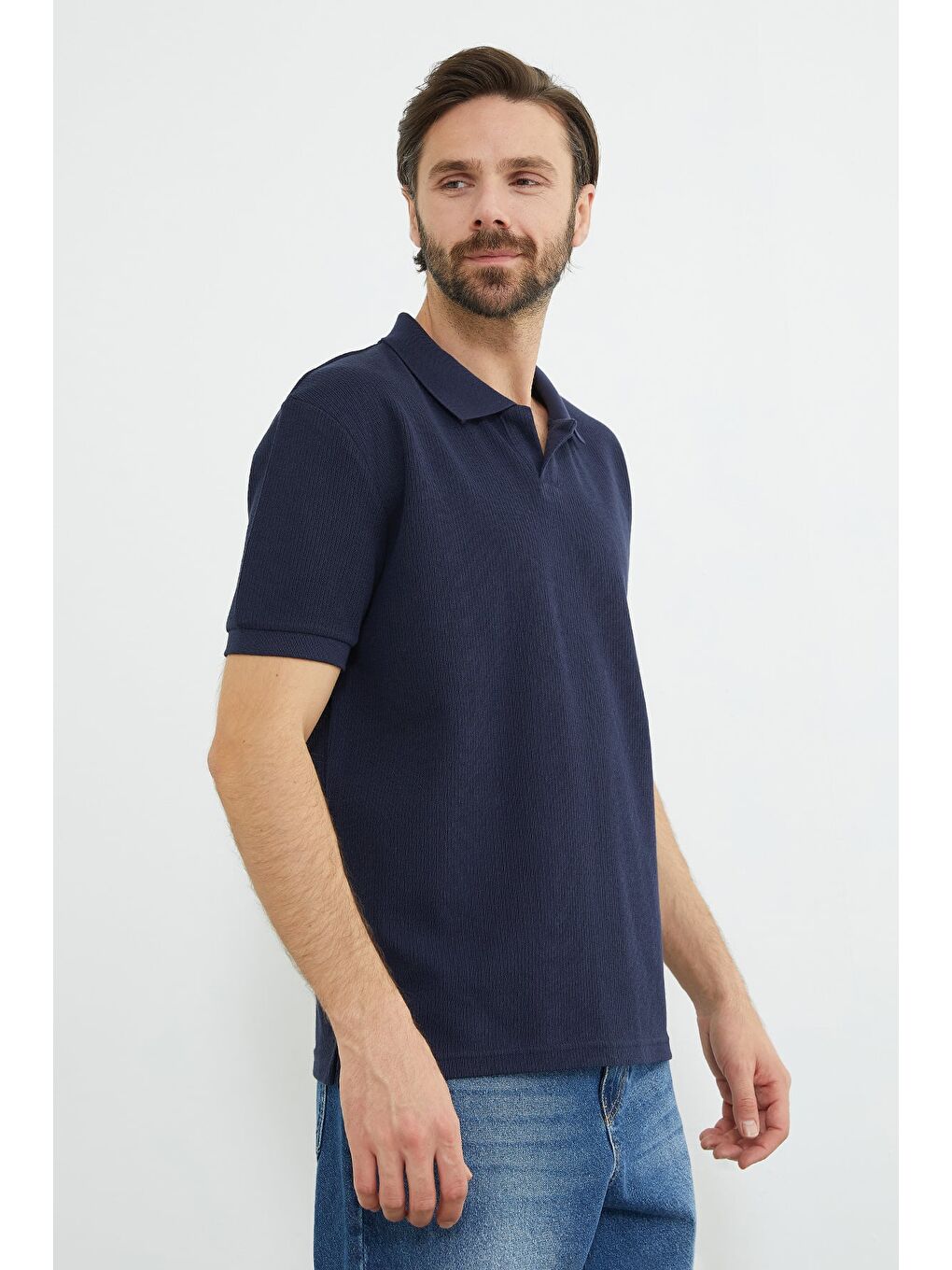 İndigo Fitilli Polo Yaka Triko Tişört-2