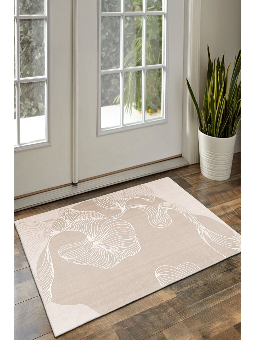 Ekru Dekoratif Özel Tasarım Yıkanabilir İnce Kaymaz Tabanlı Modern Halı KECE FR51-2