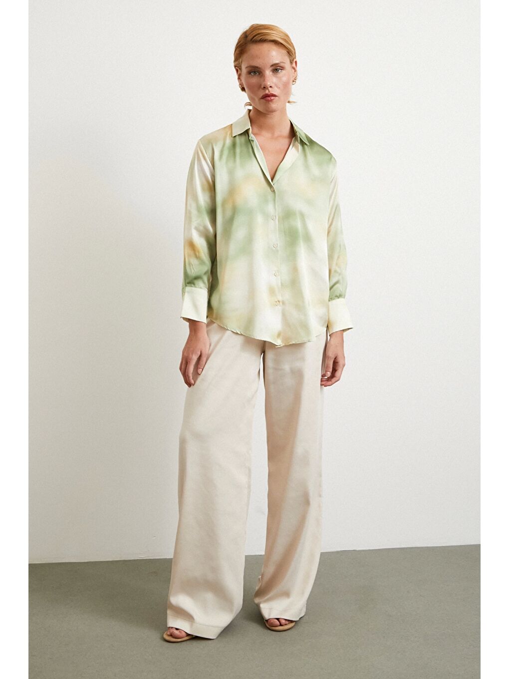 Ebruli Desen Saten GömleK Yeşil-1