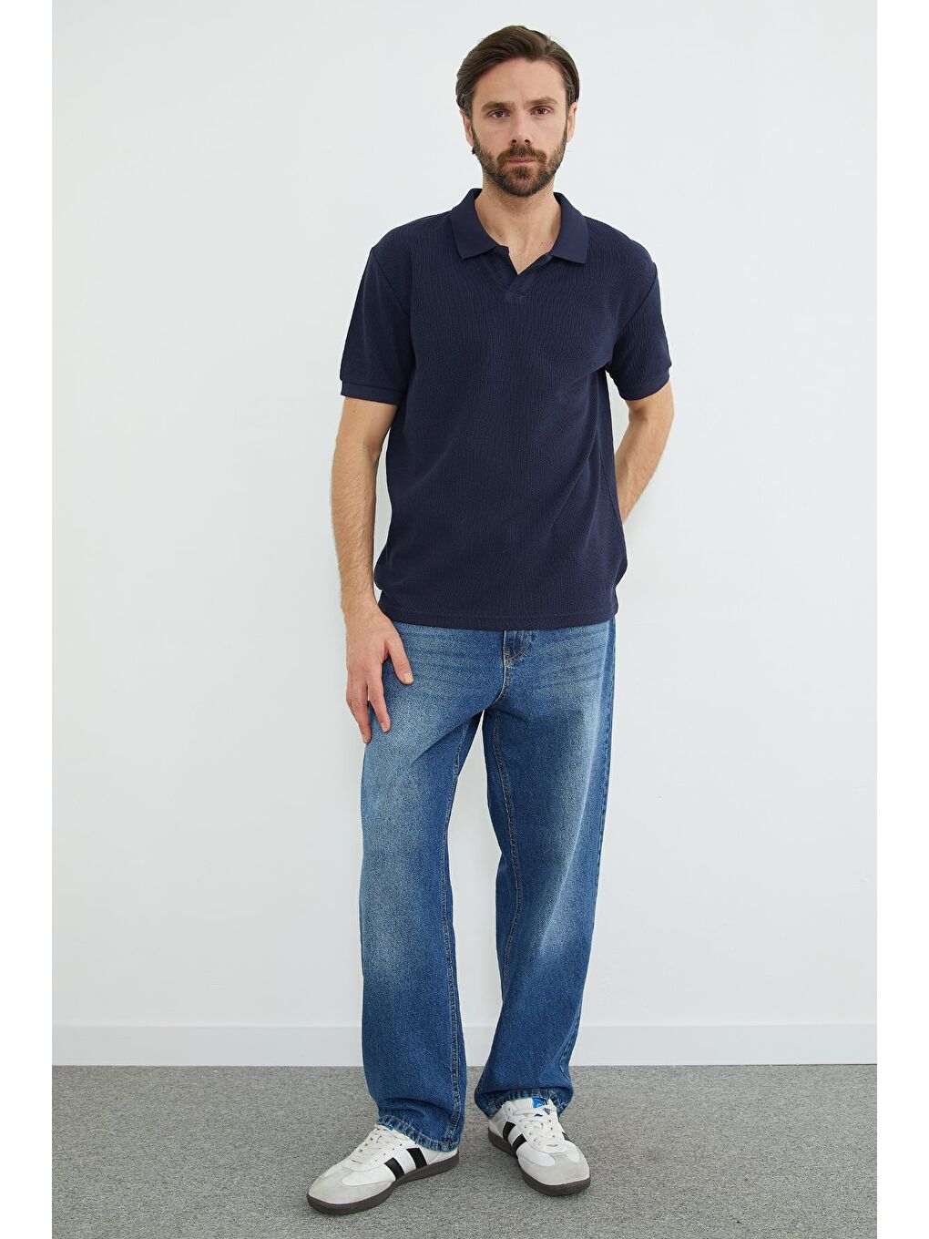 İndigo Fitilli Polo Yaka Triko Tişört-3