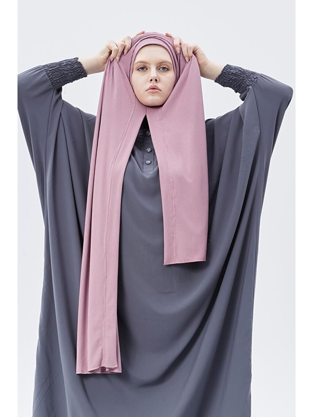 Pembe Hazır Pratik Geçmeli Lüks Organik Çizgili Kaşkorse Şal Çapraz Hizalı