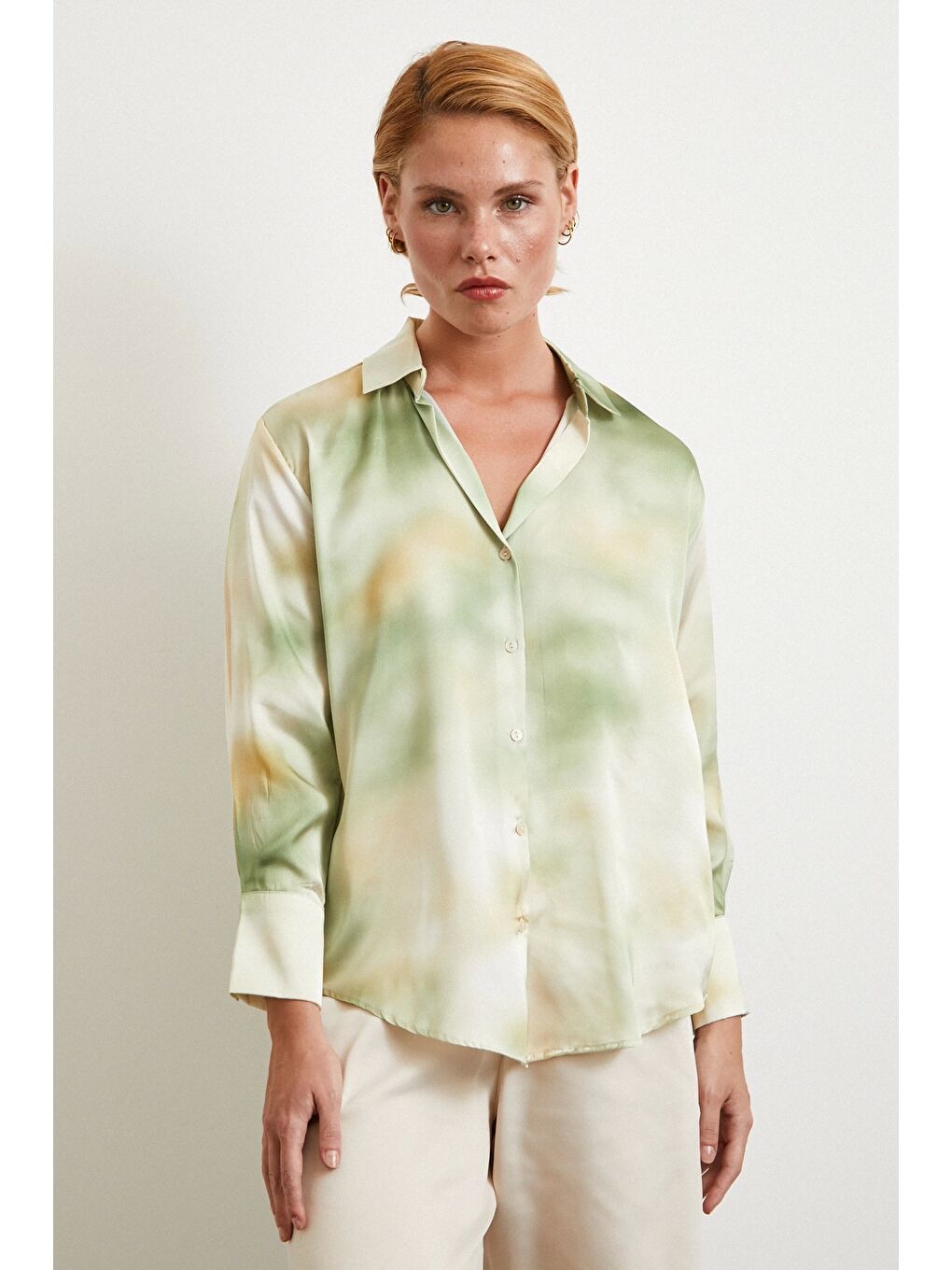 Ebruli Desen Saten GömleK Yeşil-3