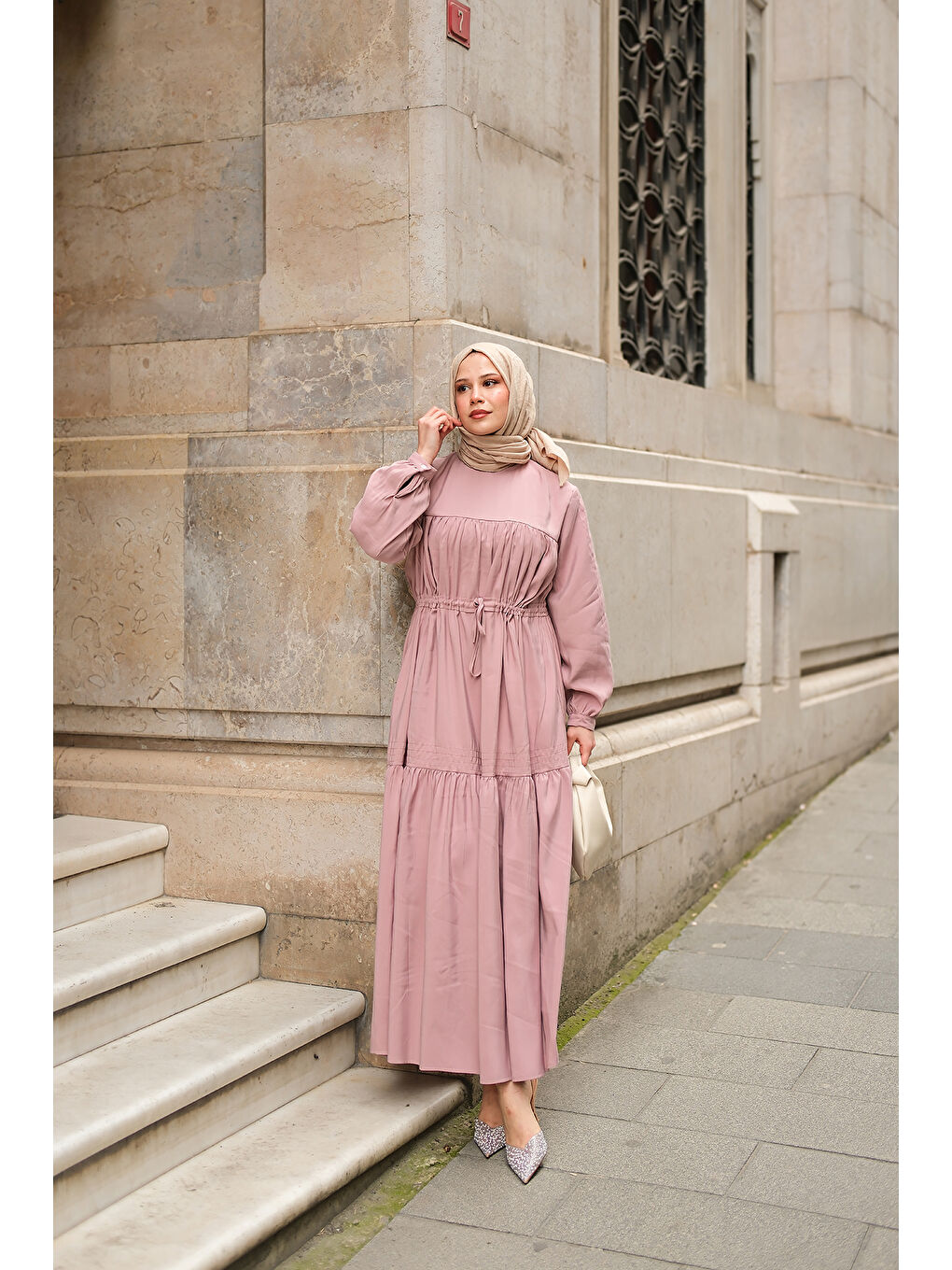 Locco Moda Pembe Kadın Süs Dikişli Büzgü Elbise Pudra