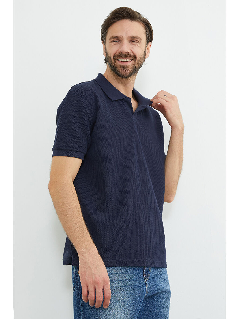 İndigo Fitilli Polo Yaka Triko Tişört-4