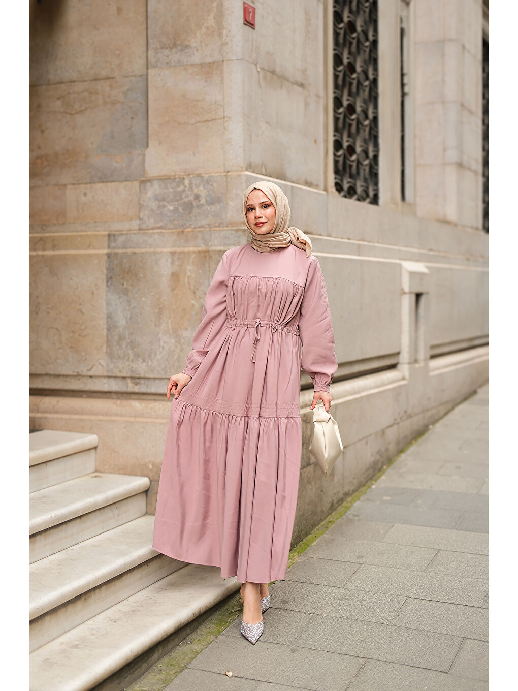 Locco Moda Pembe Kadın Süs Dikişli Büzgü Elbise Pudra - 1