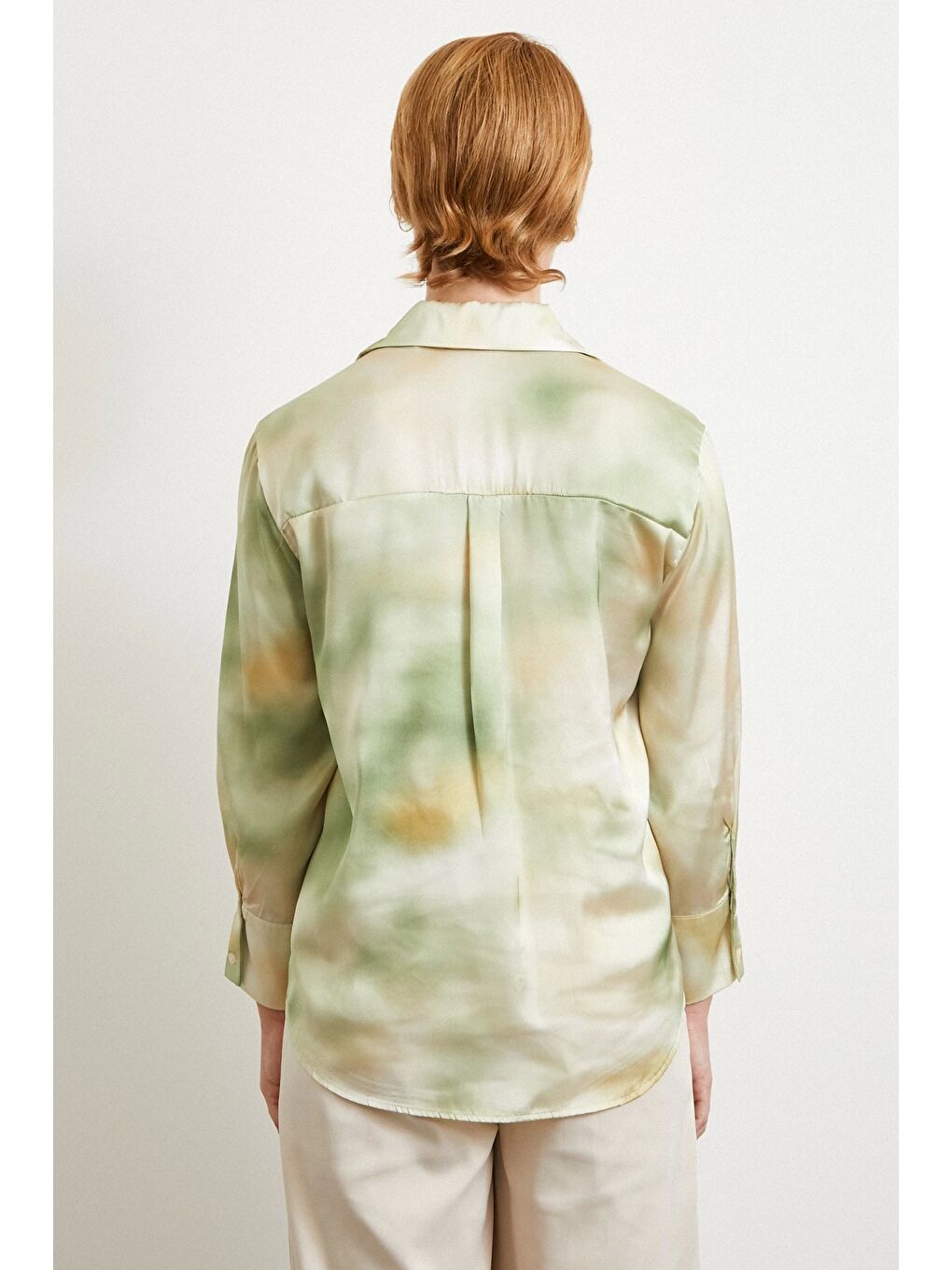 Ebruli Desen Saten GömleK Yeşil-5