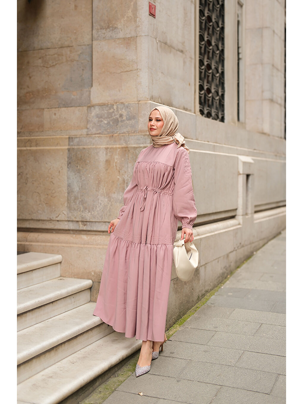 Locco Moda Pembe Kadın Süs Dikişli Büzgü Elbise Pudra - 2