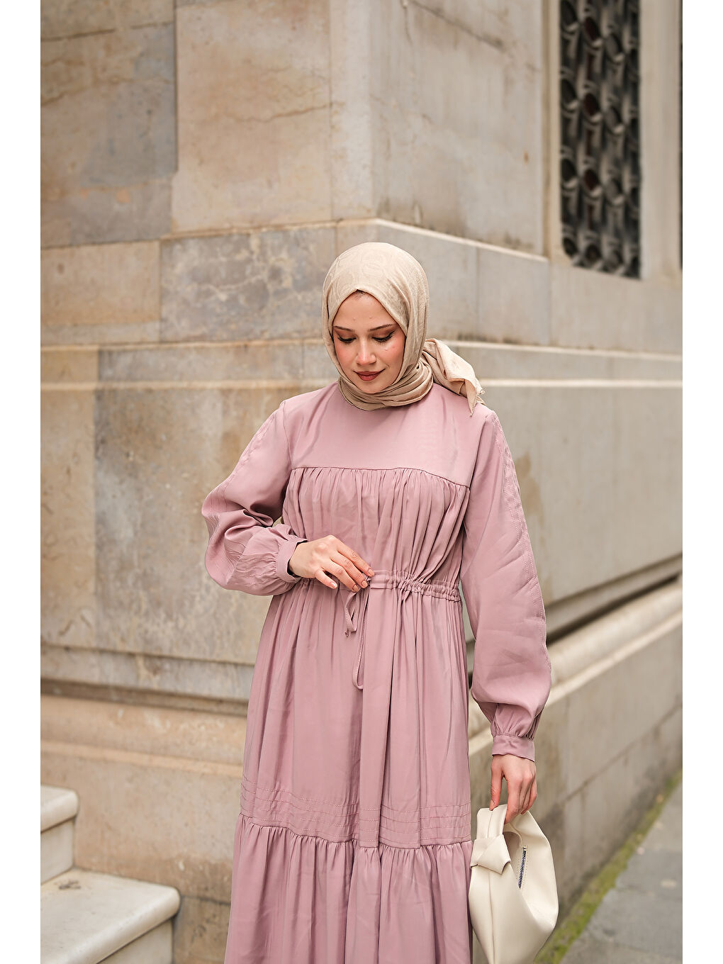 Locco Moda Pembe Kadın Süs Dikişli Büzgü Elbise Pudra - 3