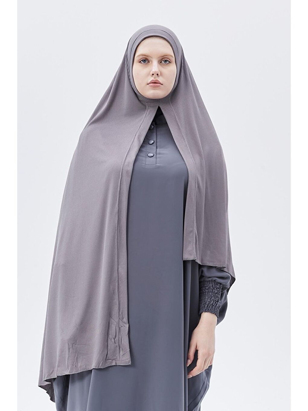 Gri Hazır Pratik Geçmeli Lüks Organik Çizgili Kaşkorse Şal Çapraz Hizalı-1