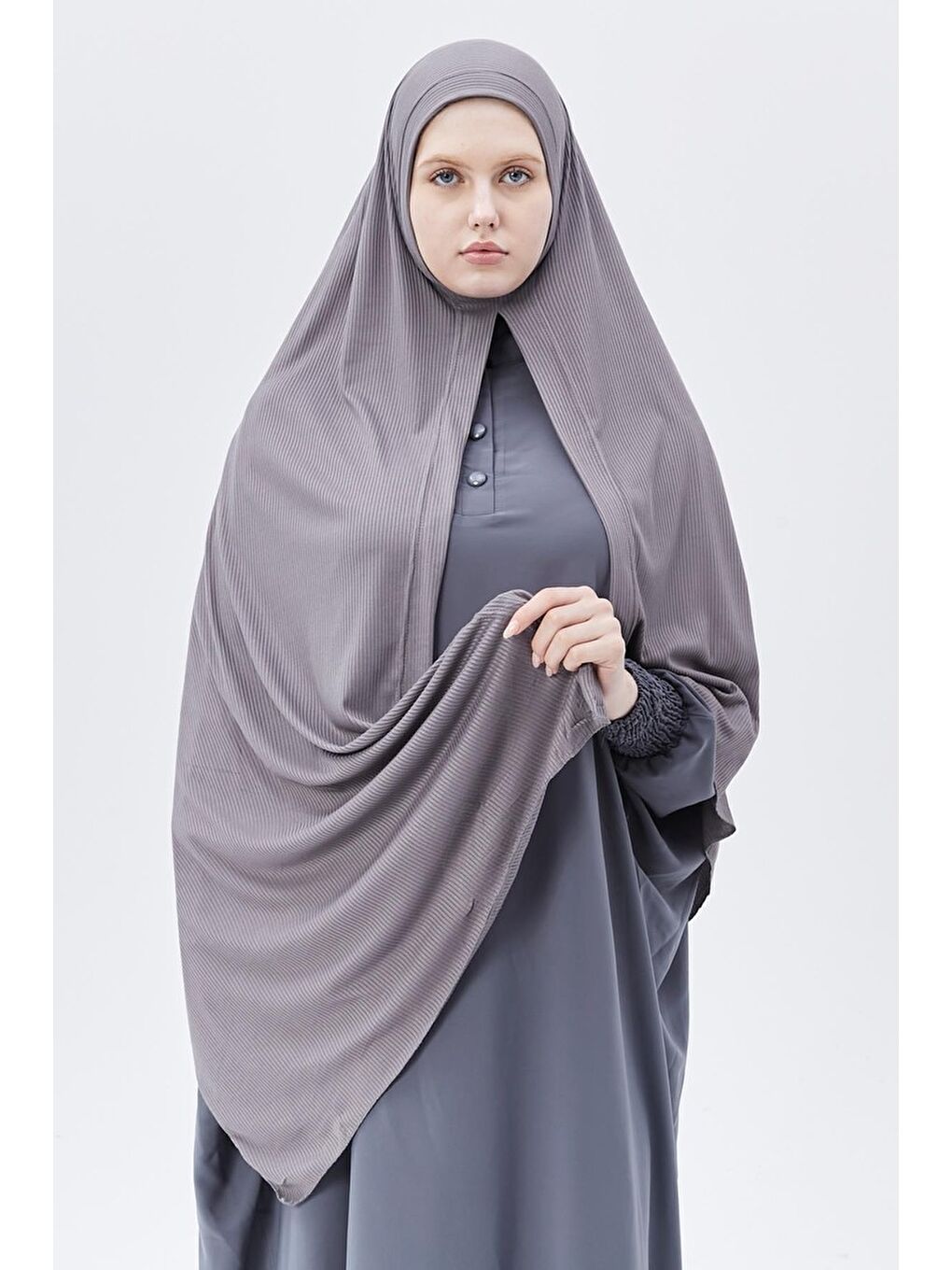 Gri Hazır Pratik Geçmeli Lüks Organik Çizgili Kaşkorse Şal Çapraz Hizalı-2