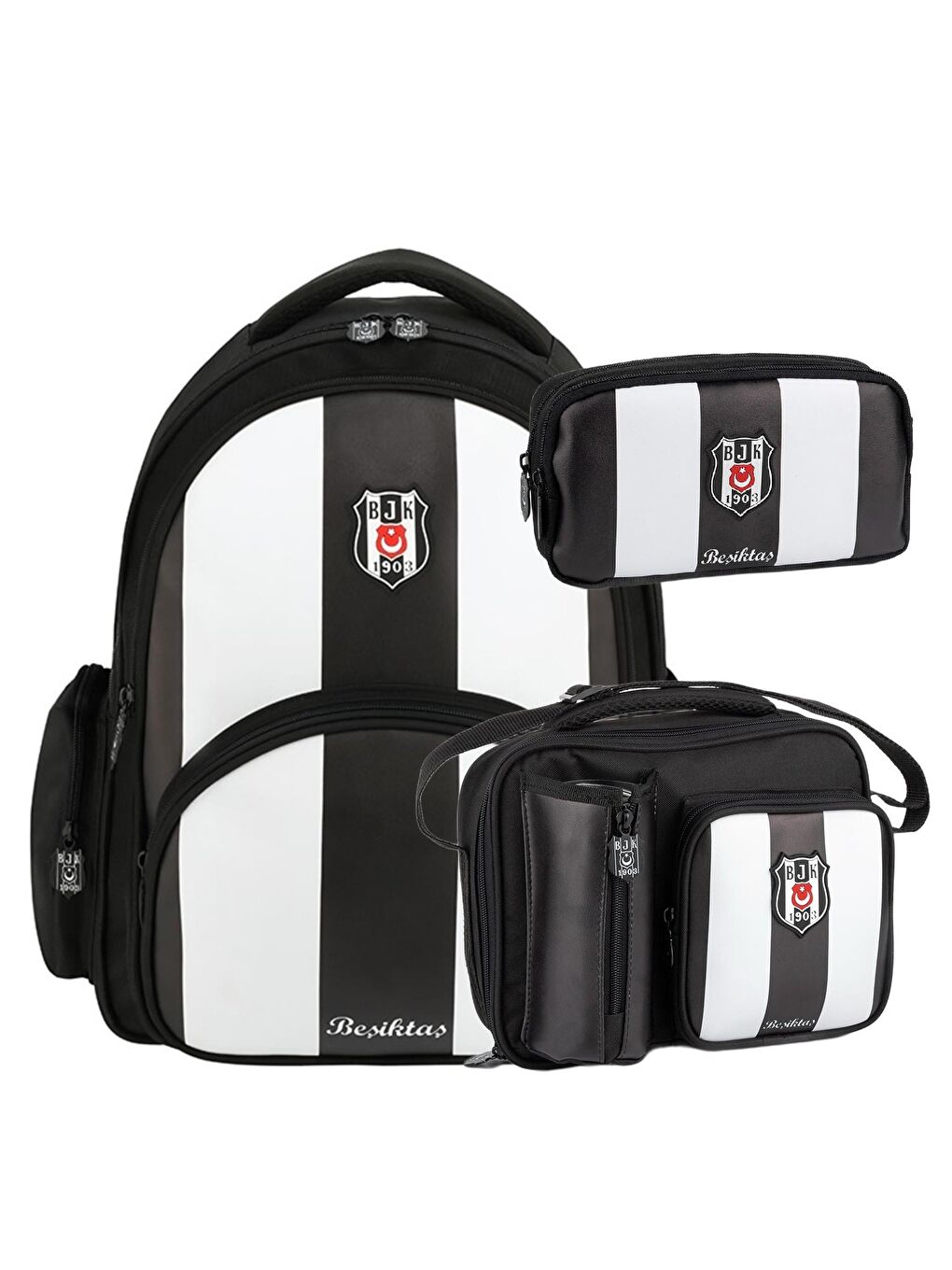 3 Bölmeli Çubuklu Suni Deri Okul Çantası + Beslenme Çantası + Kalemlik