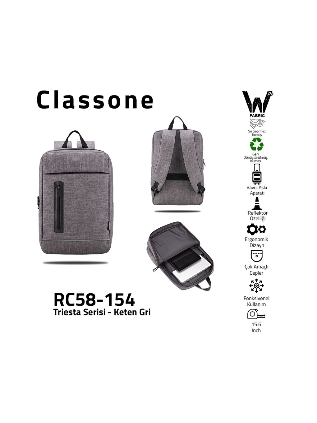 Classone Gri RC58-154 15.6" Su Geçirmez Notebook Sırt Çantası+Kablosuz Mouse - 2