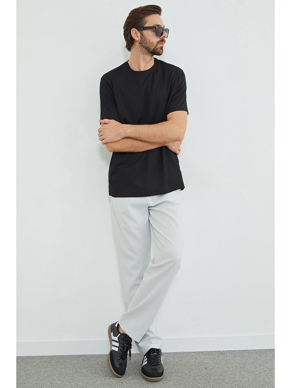 Bej Çizgili Beli Lastikli Pantolon-2