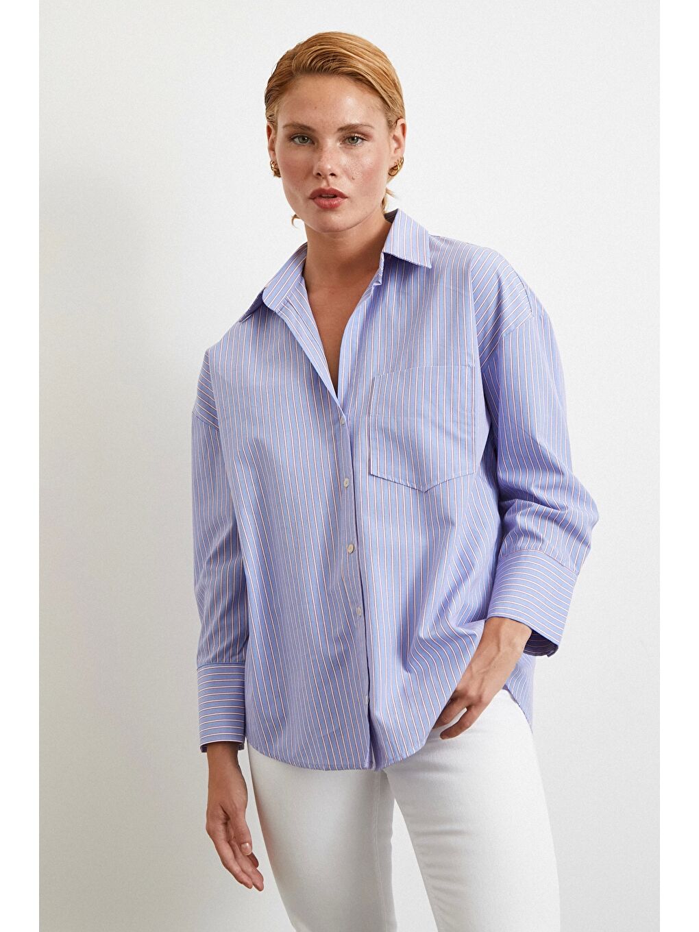 Modal Çizgili Oversize Gömlek Mavi