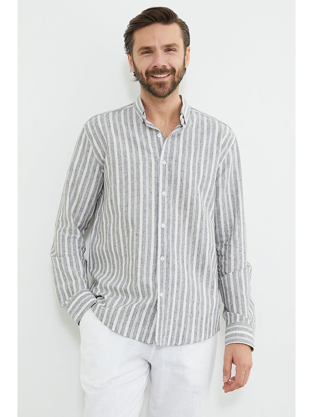 Gri Çizgili Keten Görünümlü Gömlek