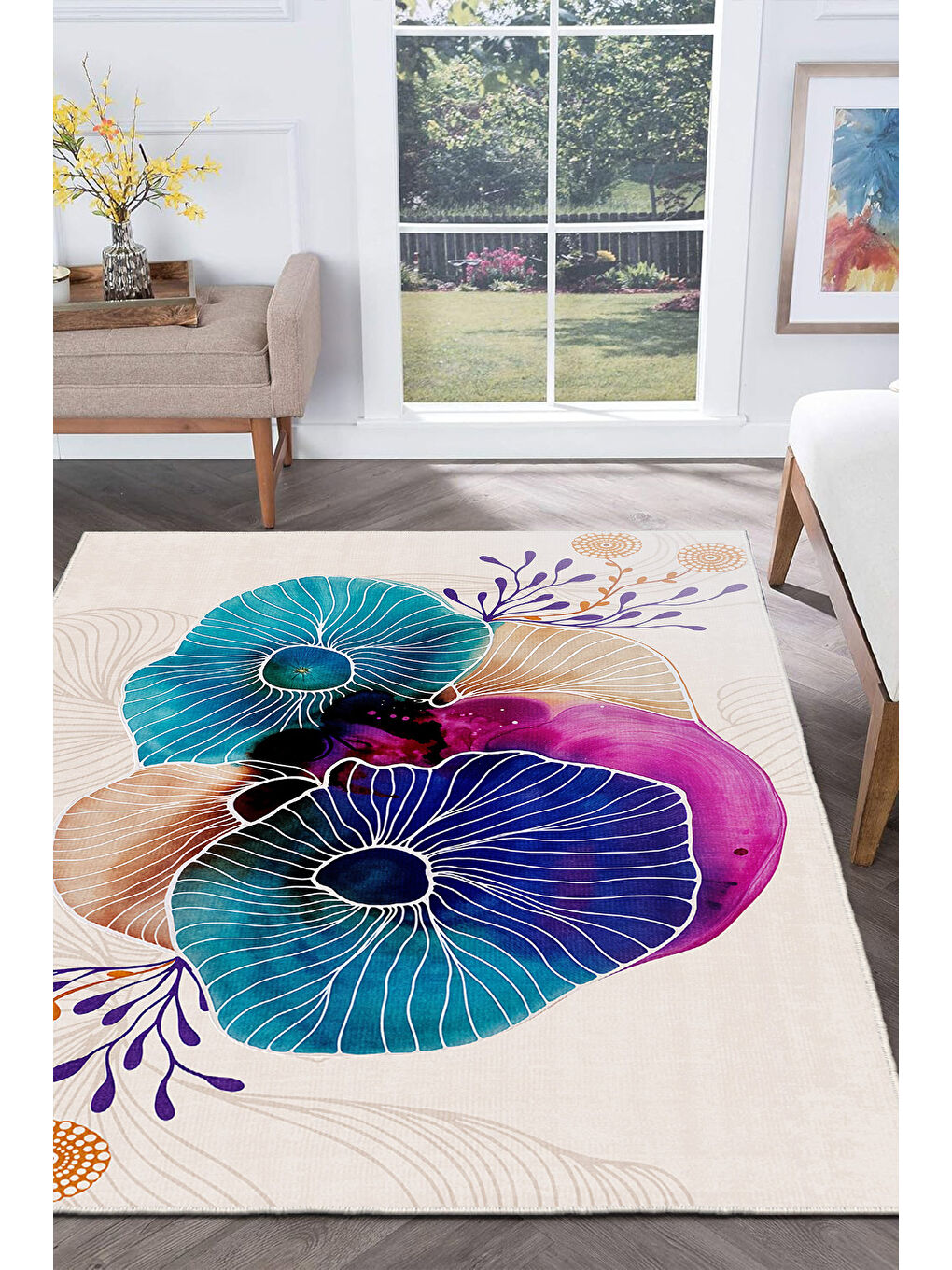 Ekru Dekoratif Özel Tasarım Yıkanabilir İnce Kaymaz Tabanlı Modern Halı KECE FR51-3