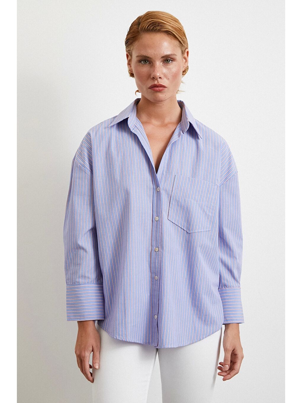 Modal Çizgili Oversize Gömlek Mavi-1