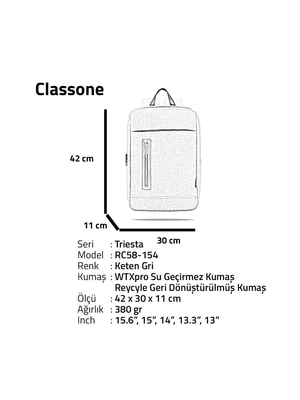 Classone Gri RC58-154 15.6" Su Geçirmez Notebook Sırt Çantası+Kablosuz Mouse - 6