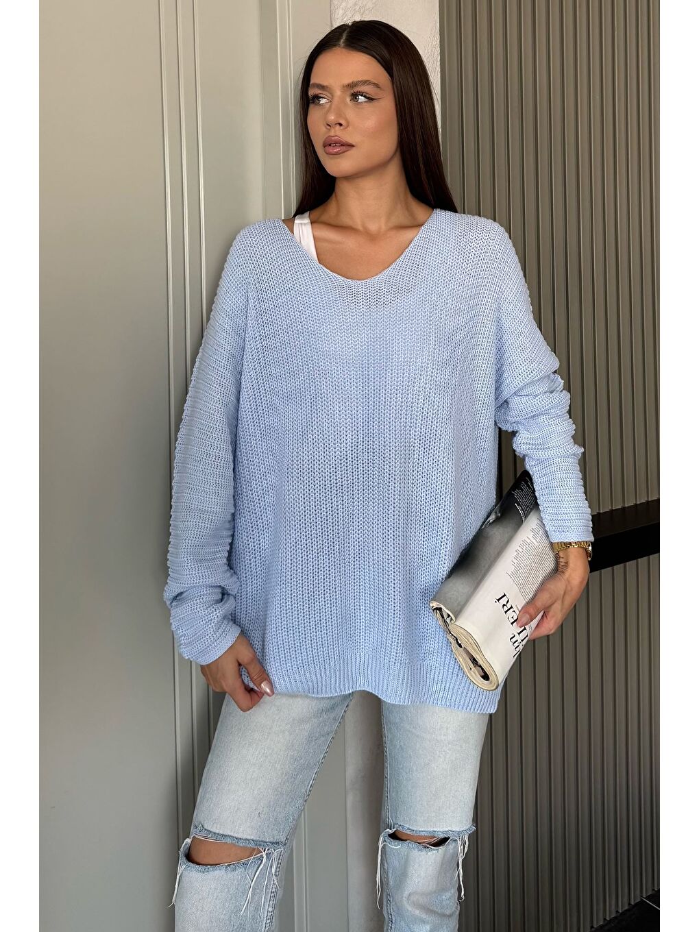 Mavi V Yaka Salaş Triko Bluz (s,m,l,xl Uyumludur)