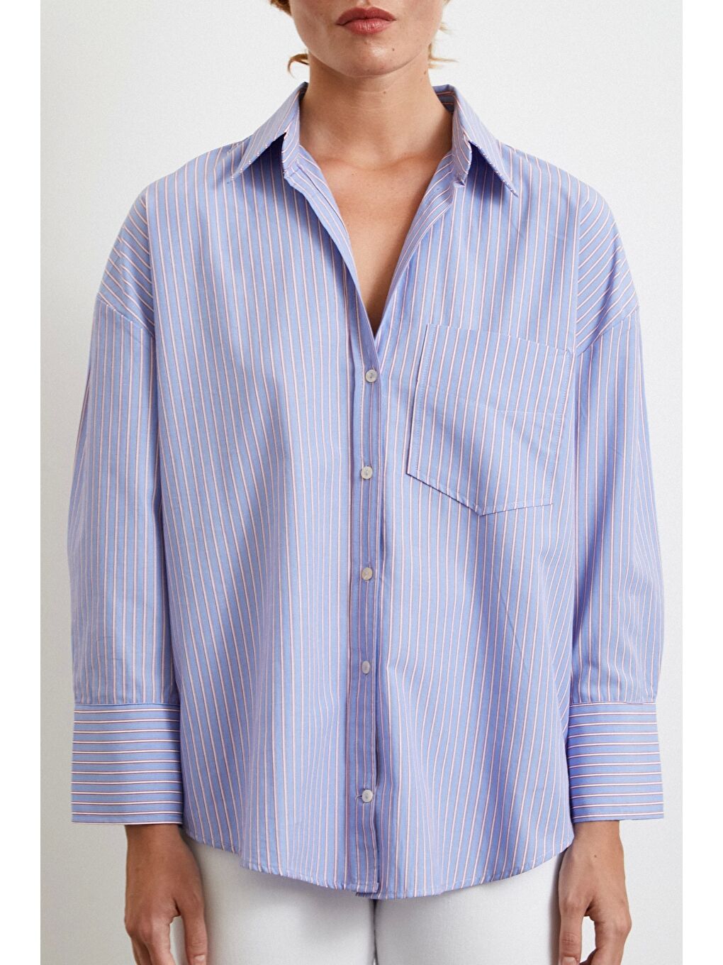 Modal Çizgili Oversize Gömlek Mavi-2