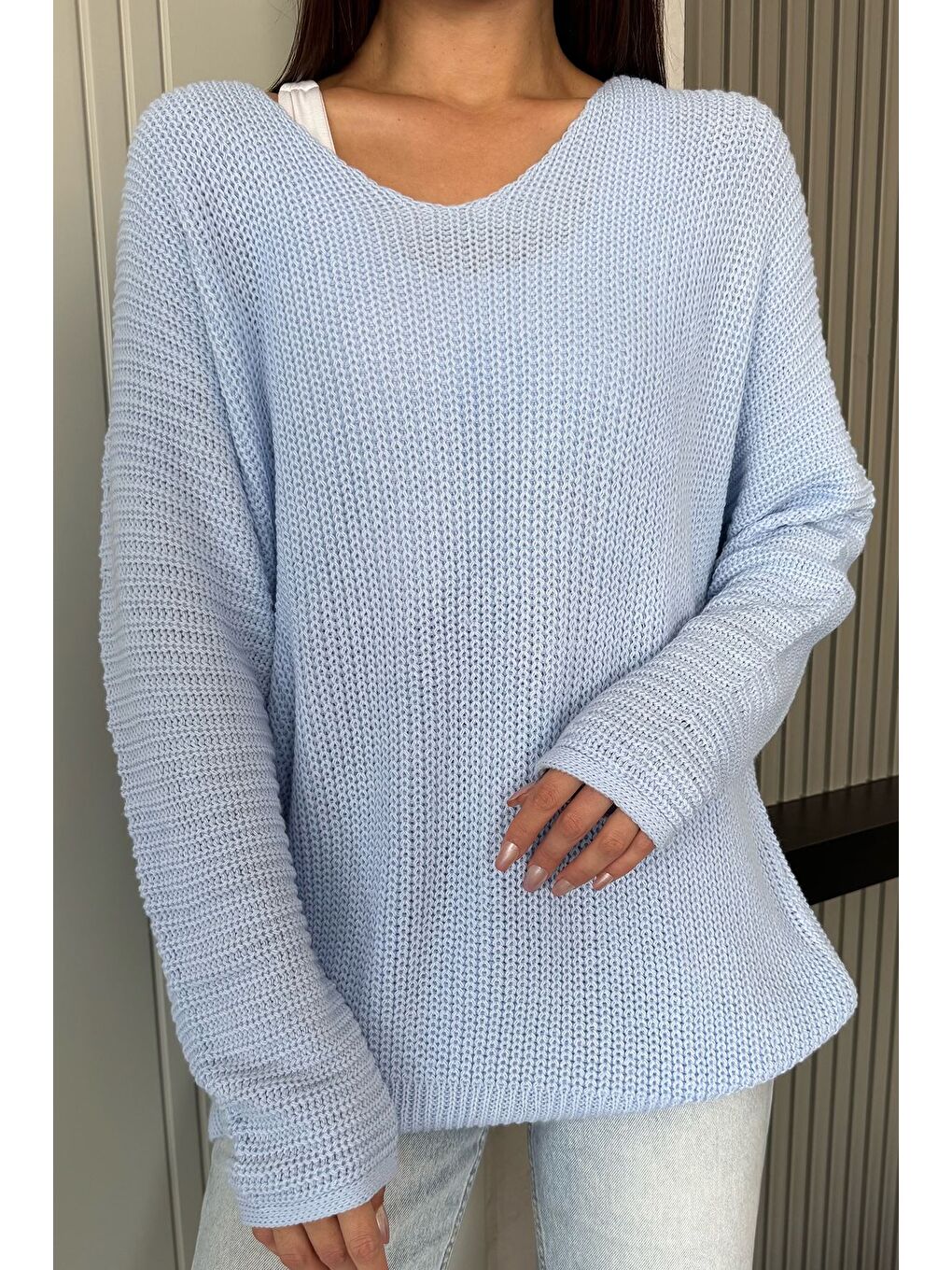 Mavi V Yaka Salaş Triko Bluz (s,m,l,xl Uyumludur)-1