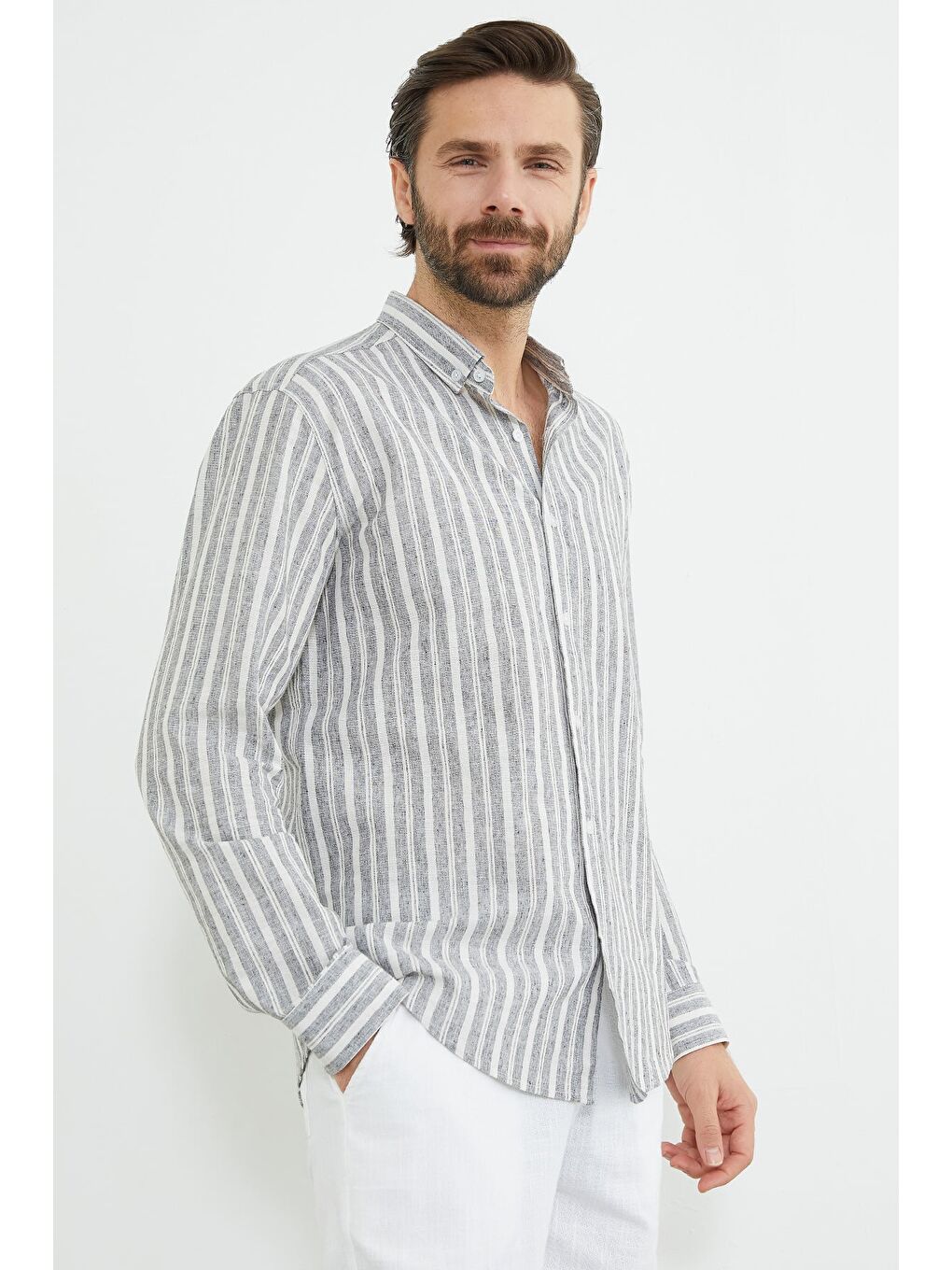 Gri Çizgili Keten Görünümlü Gömlek-1