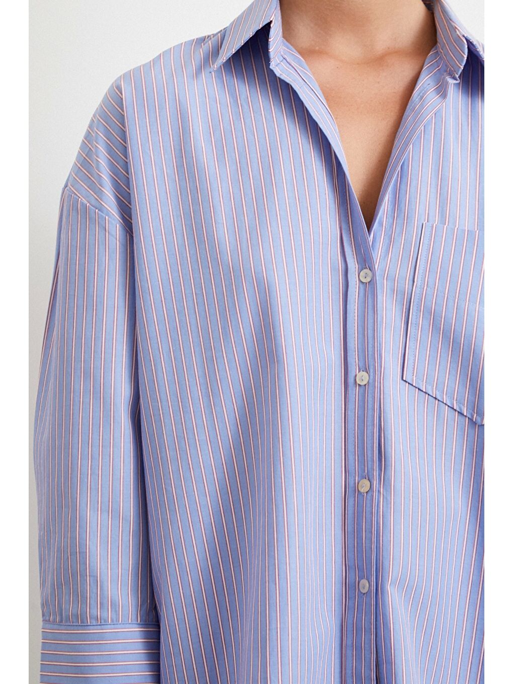 Modal Çizgili Oversize Gömlek Mavi-3