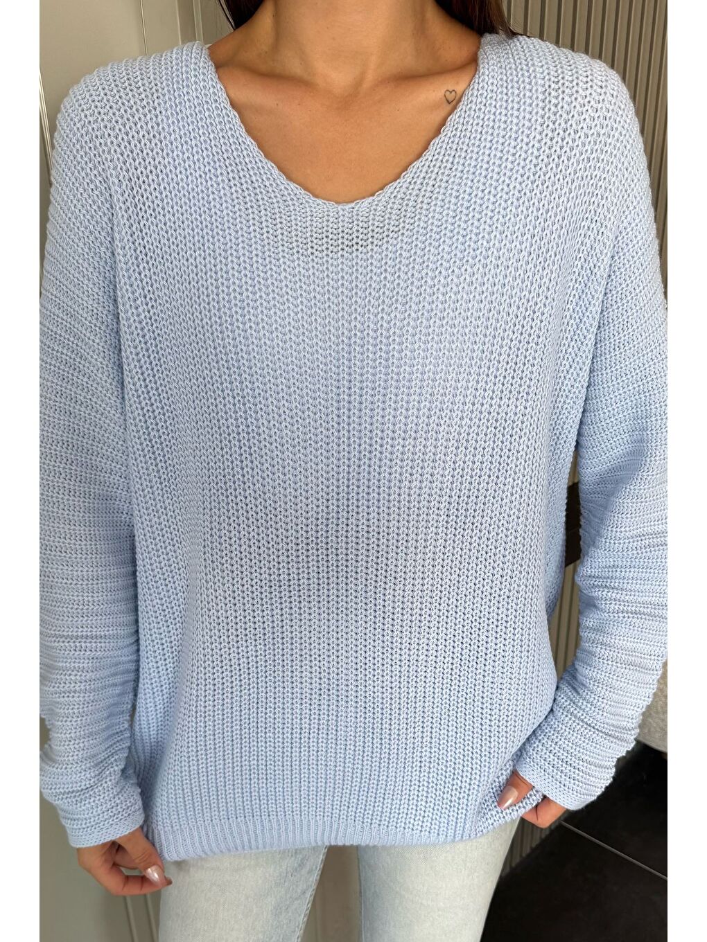 Mavi V Yaka Salaş Triko Bluz (s,m,l,xl Uyumludur)-2