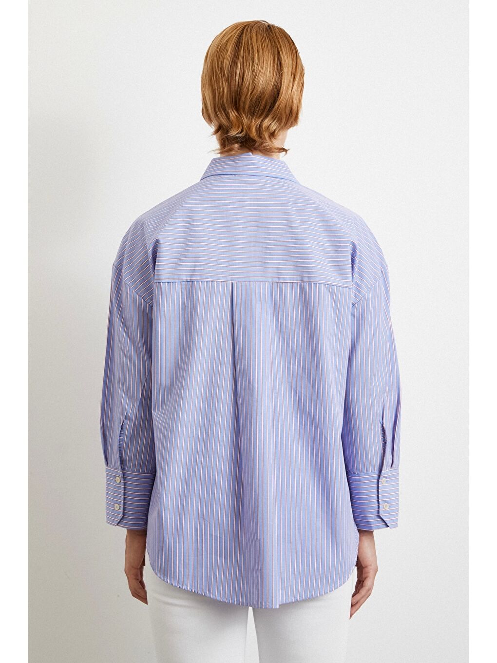 Modal Çizgili Oversize Gömlek Mavi-4