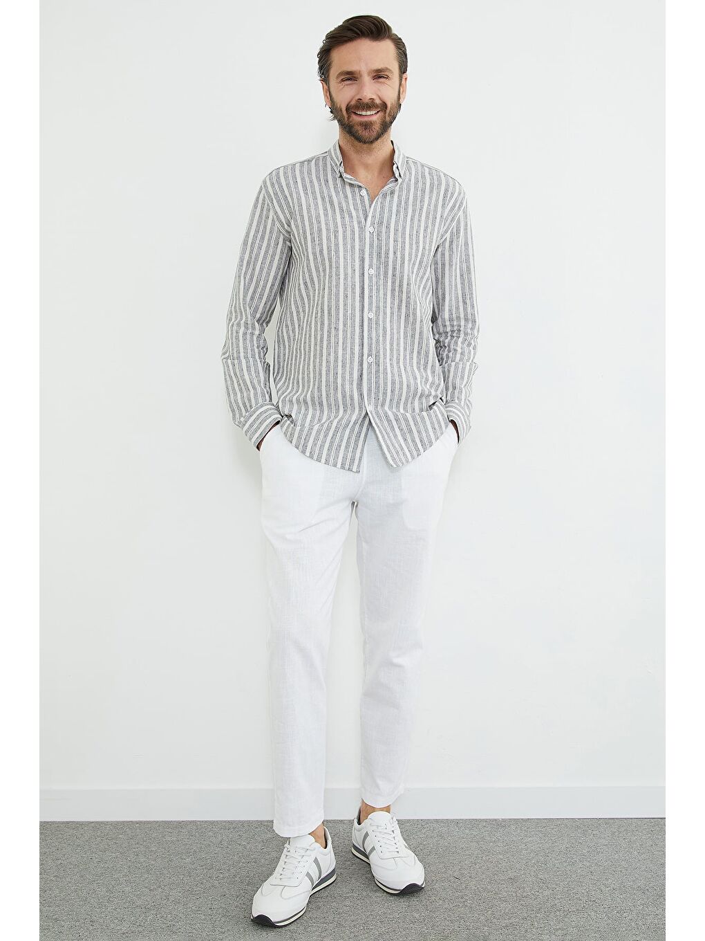 Gri Çizgili Keten Görünümlü Gömlek-2