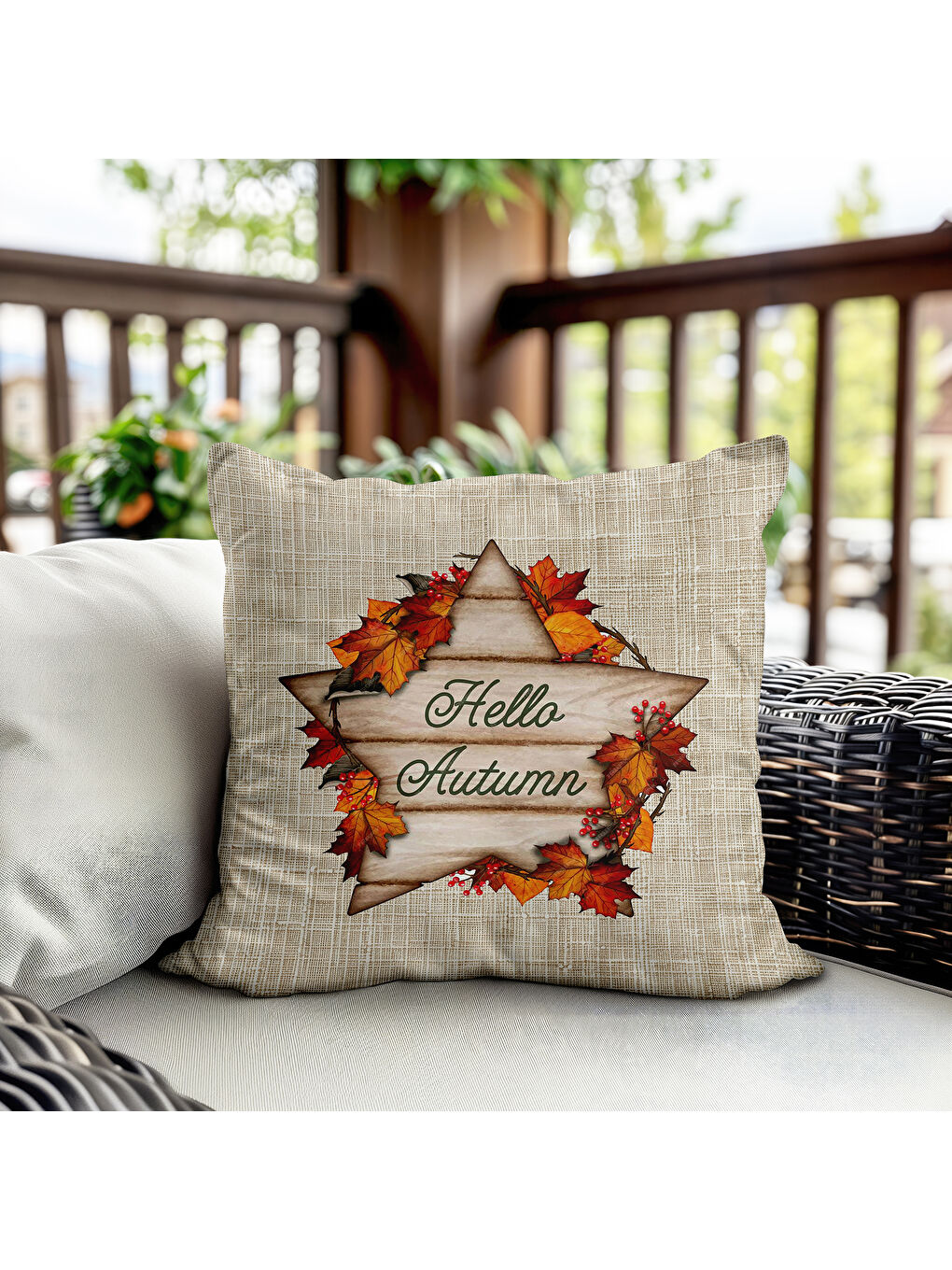 Karışık Çift Taraf Baskılı Kadife Doku Sonbahar Ve Kabak Desenli Kırlent Kılıfı