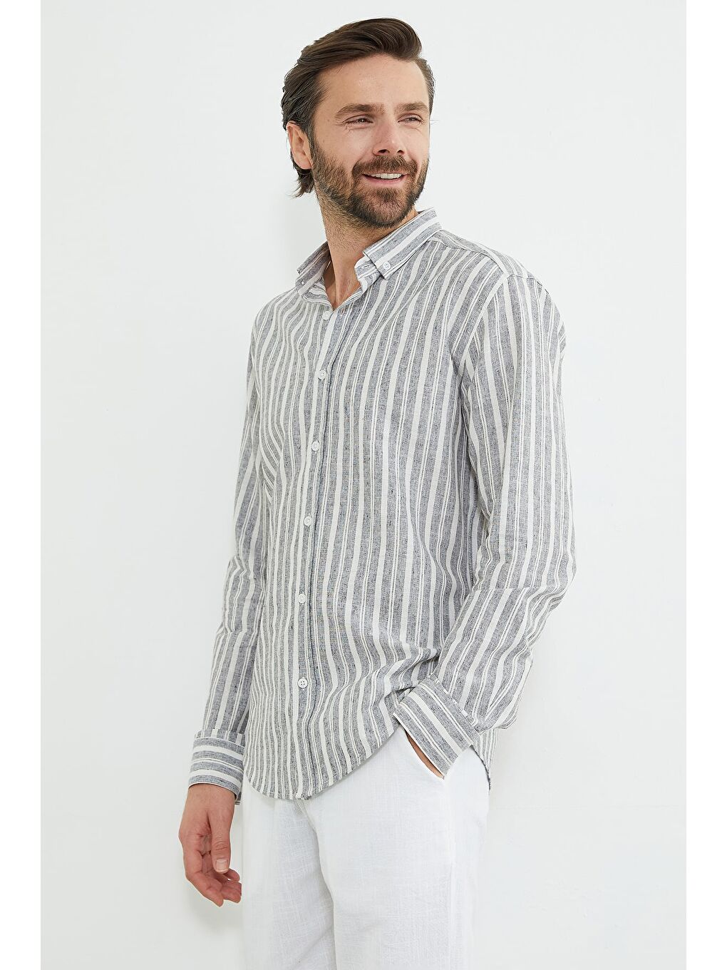 Gri Çizgili Keten Görünümlü Gömlek-3