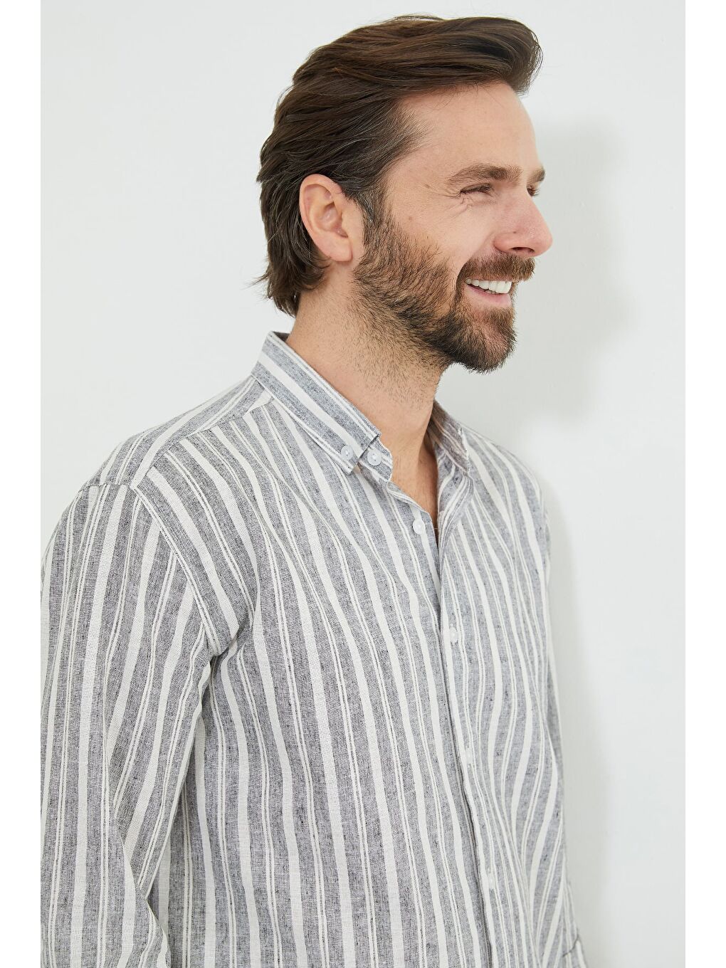 Gri Çizgili Keten Görünümlü Gömlek-4