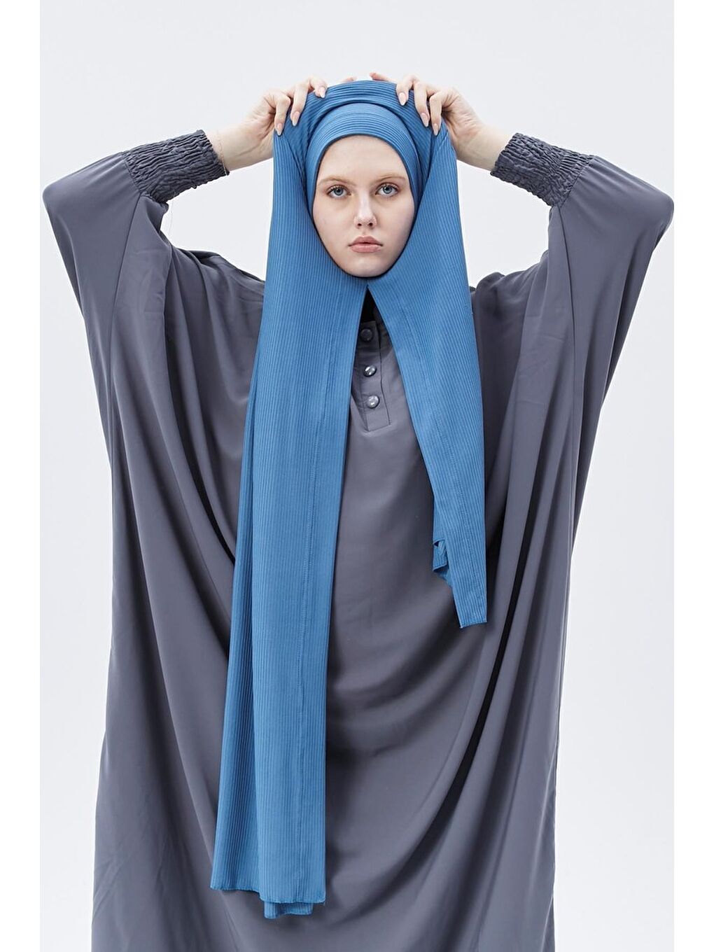 Petrol Hazır Pratik Geçmeli Lüks Organik Çizgili Kaşkorse Şal Çapraz Hizalı