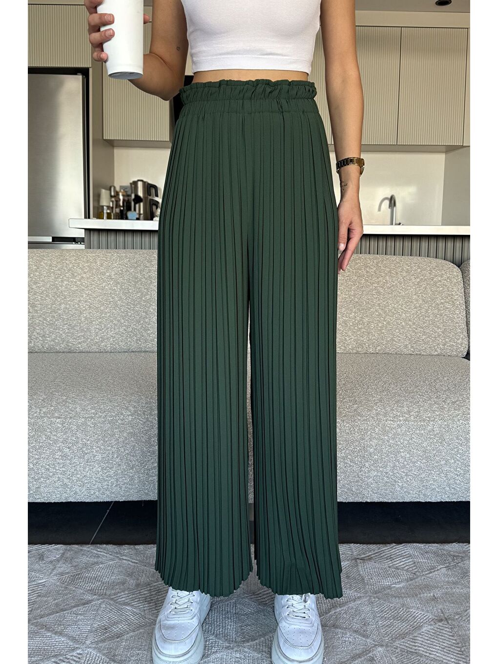 Yeşil Kadın Bel Lastikli Piliseli Bol Kesim Pantolon