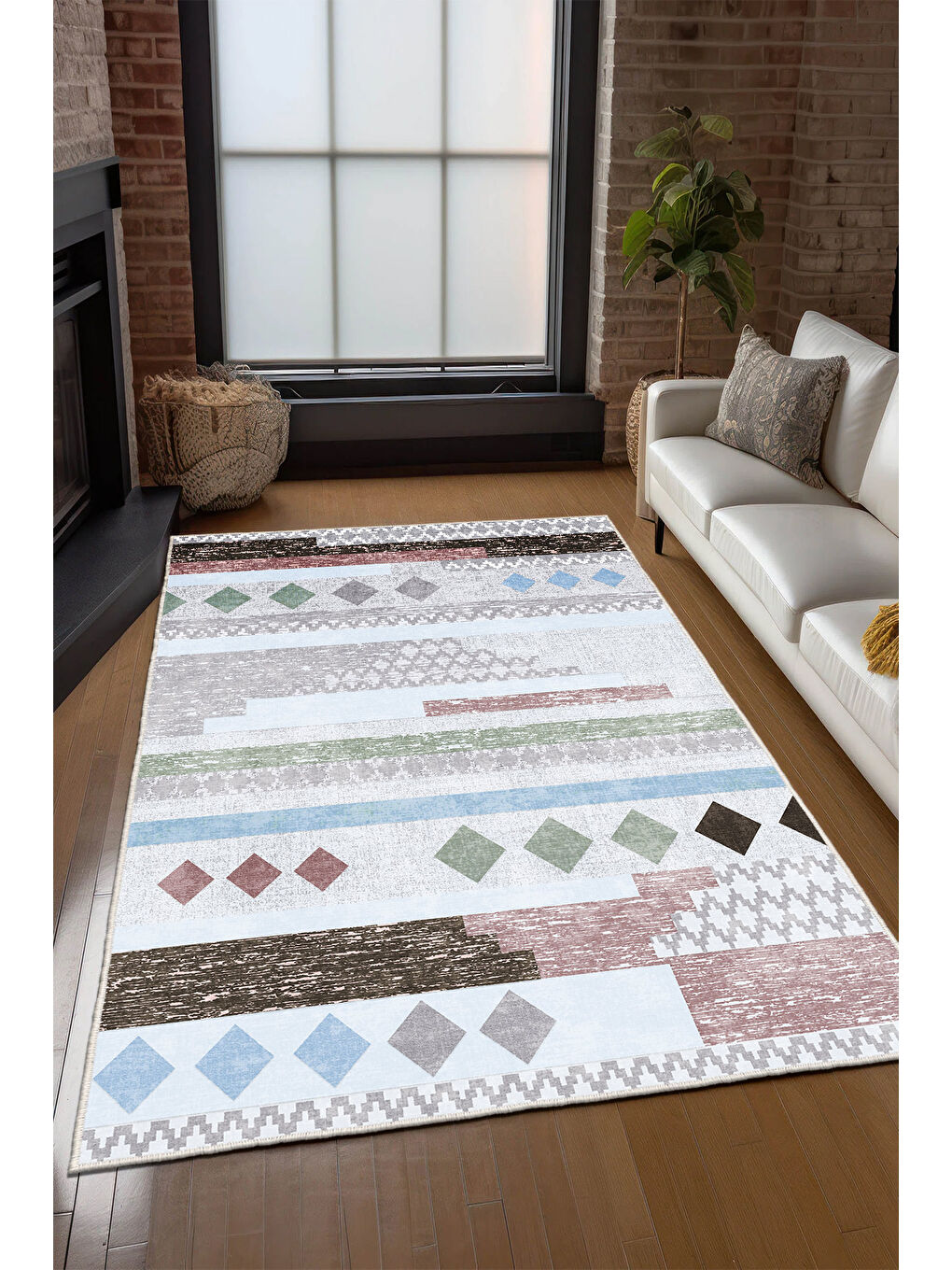 Bej Dekoratif Özel Tasarım Yıkanabilir İnce Kaymaz Tabanlı Modern Halı KECE FR50-2