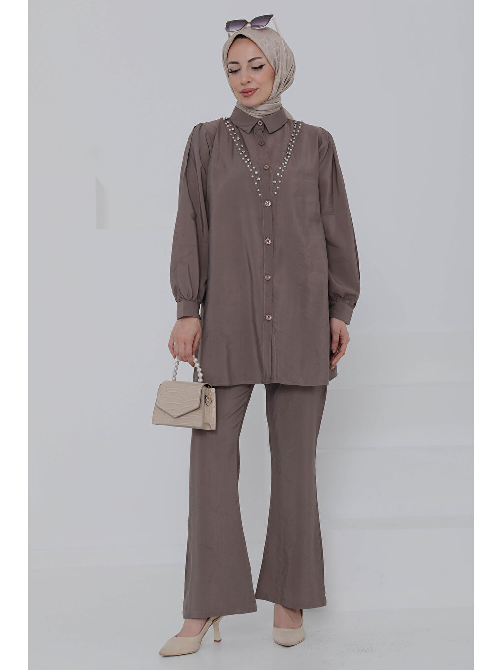 Bej Modal Taşlı İkili Takım Vizon - 27019