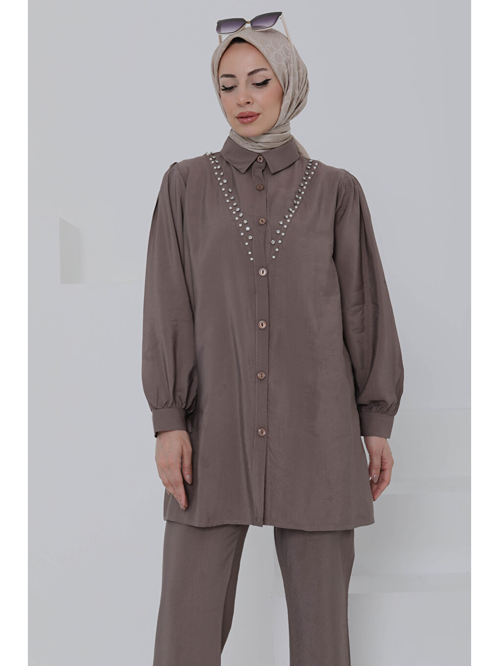 Bej Modal Taşlı İkili Takım Vizon - 27019-1