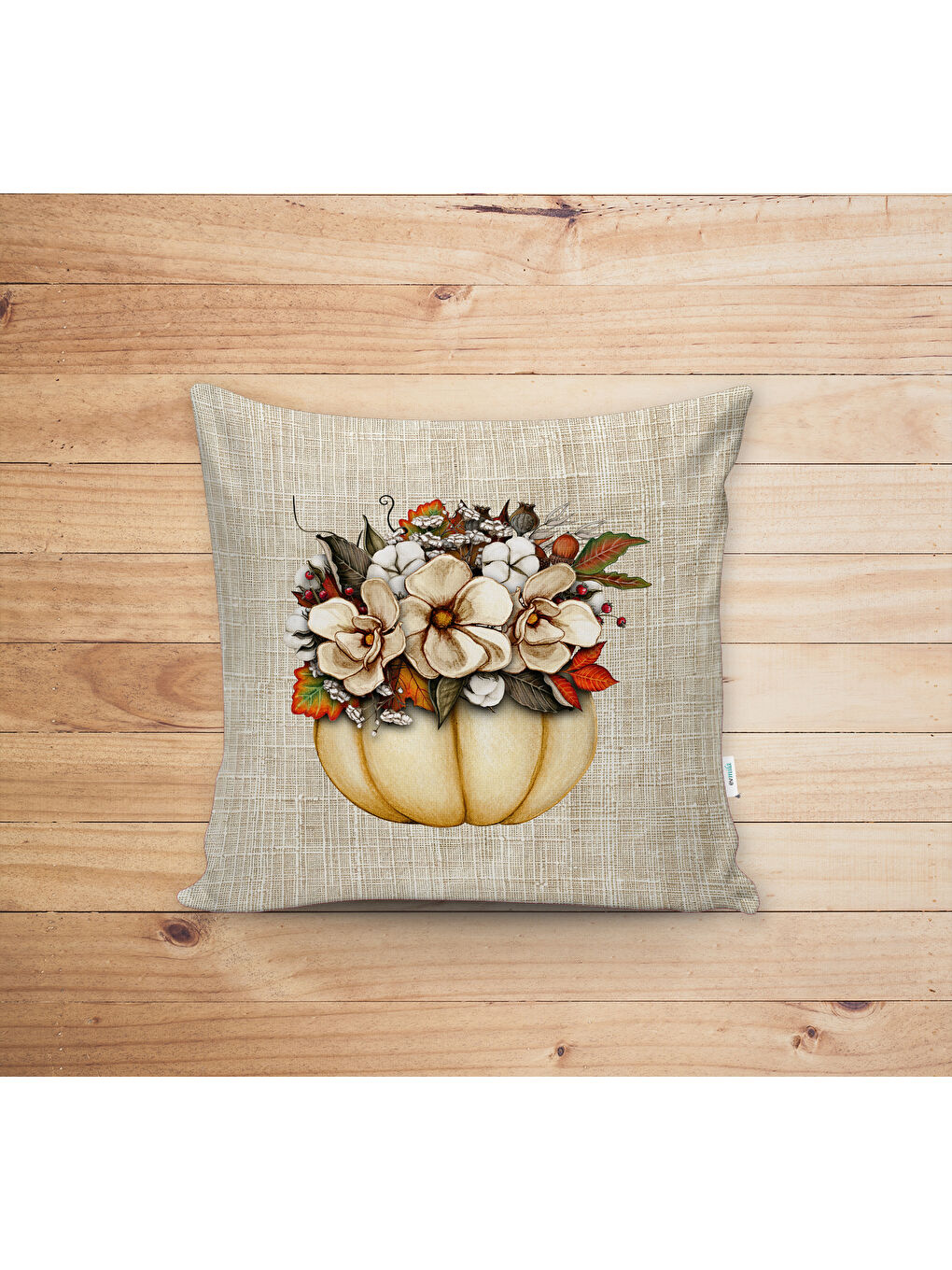 Karışık Çift Taraf Baskılı Kadife Doku Sonbahar Ve Kabak Desenli Kırlent Kılıfı-1