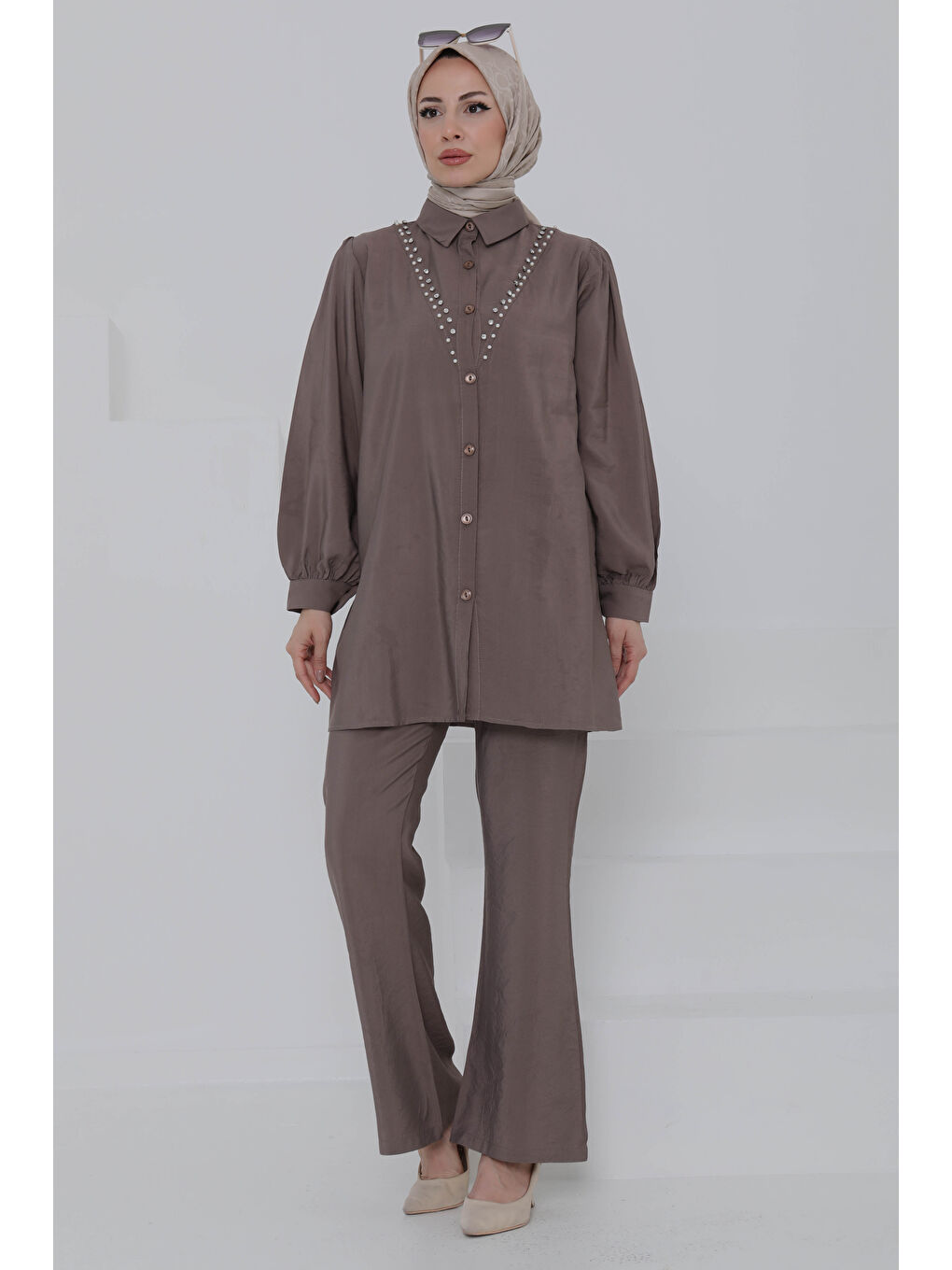 Bej Modal Taşlı İkili Takım Vizon - 27019-2