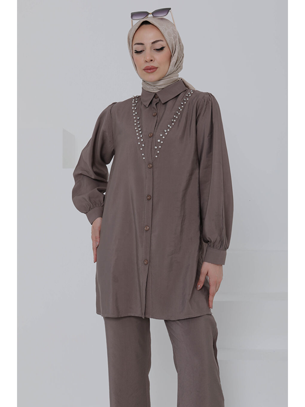 Bej Modal Taşlı İkili Takım Vizon - 27019-3