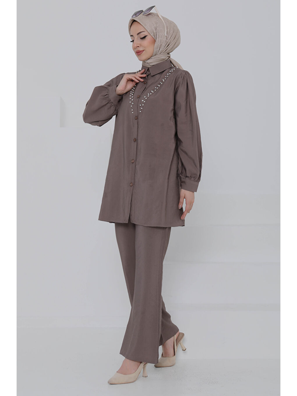 Bej Modal Taşlı İkili Takım Vizon - 27019-4