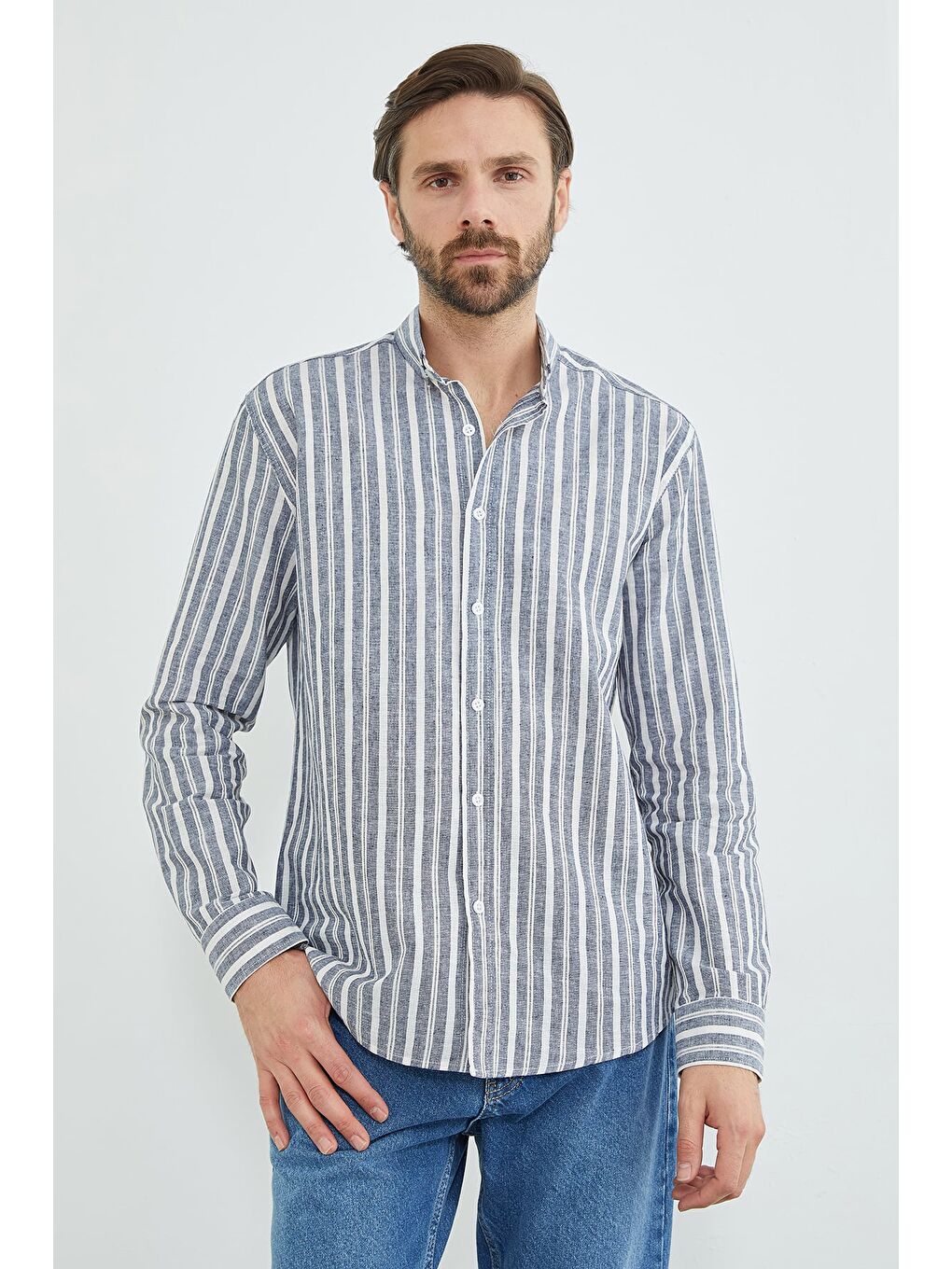 Lacivert Çizgili Keten Görünümlü Gömlek-1